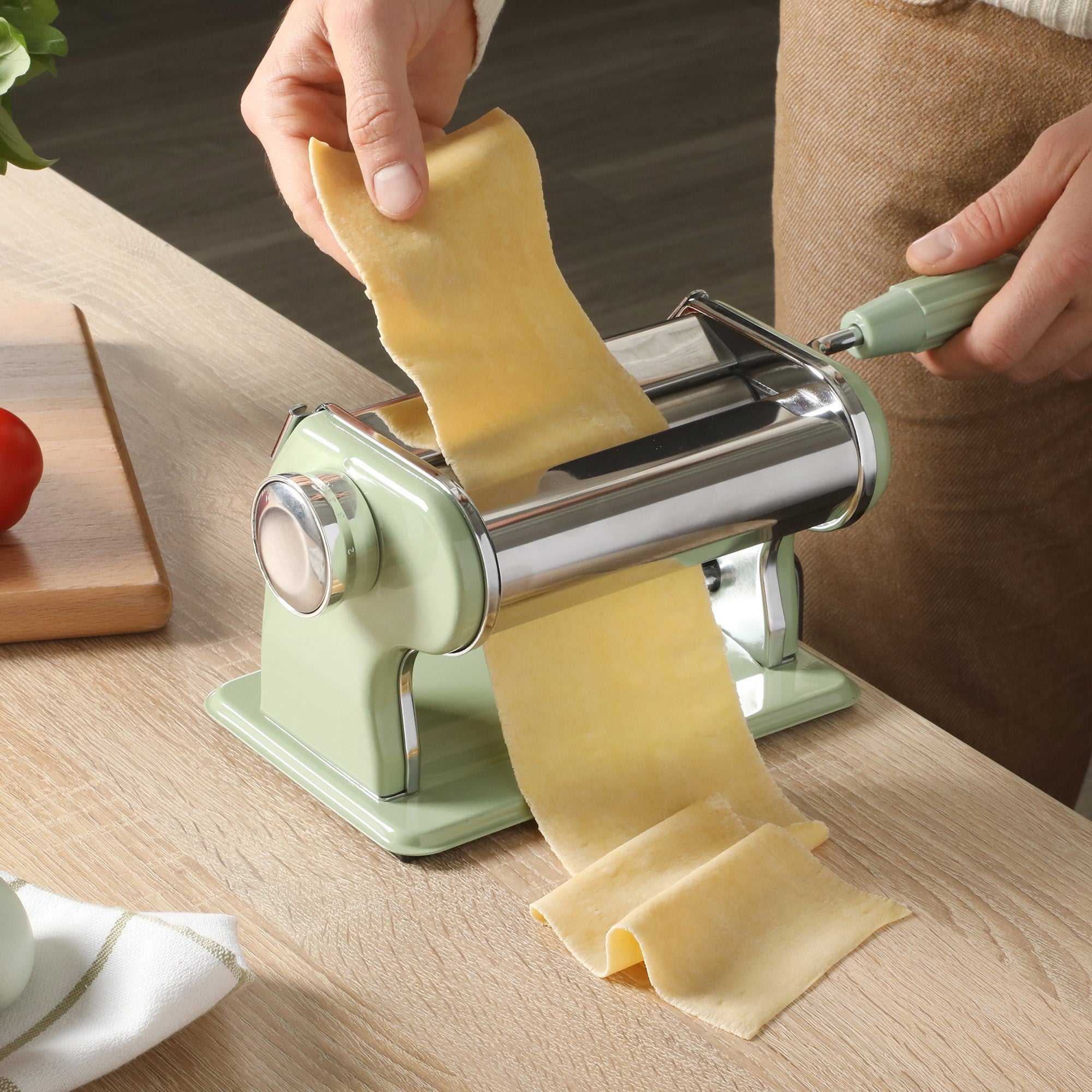 Sur La Table Kitchen Essential Va Bene Manual Pasta Maker Machine, Noodle Maker with Rollers and Cutters, Perfect for Spaghetti, Fettuccini, Lasagna or Dumpling Skin Silver, Stainless Steel/Juniper Green - Image 9