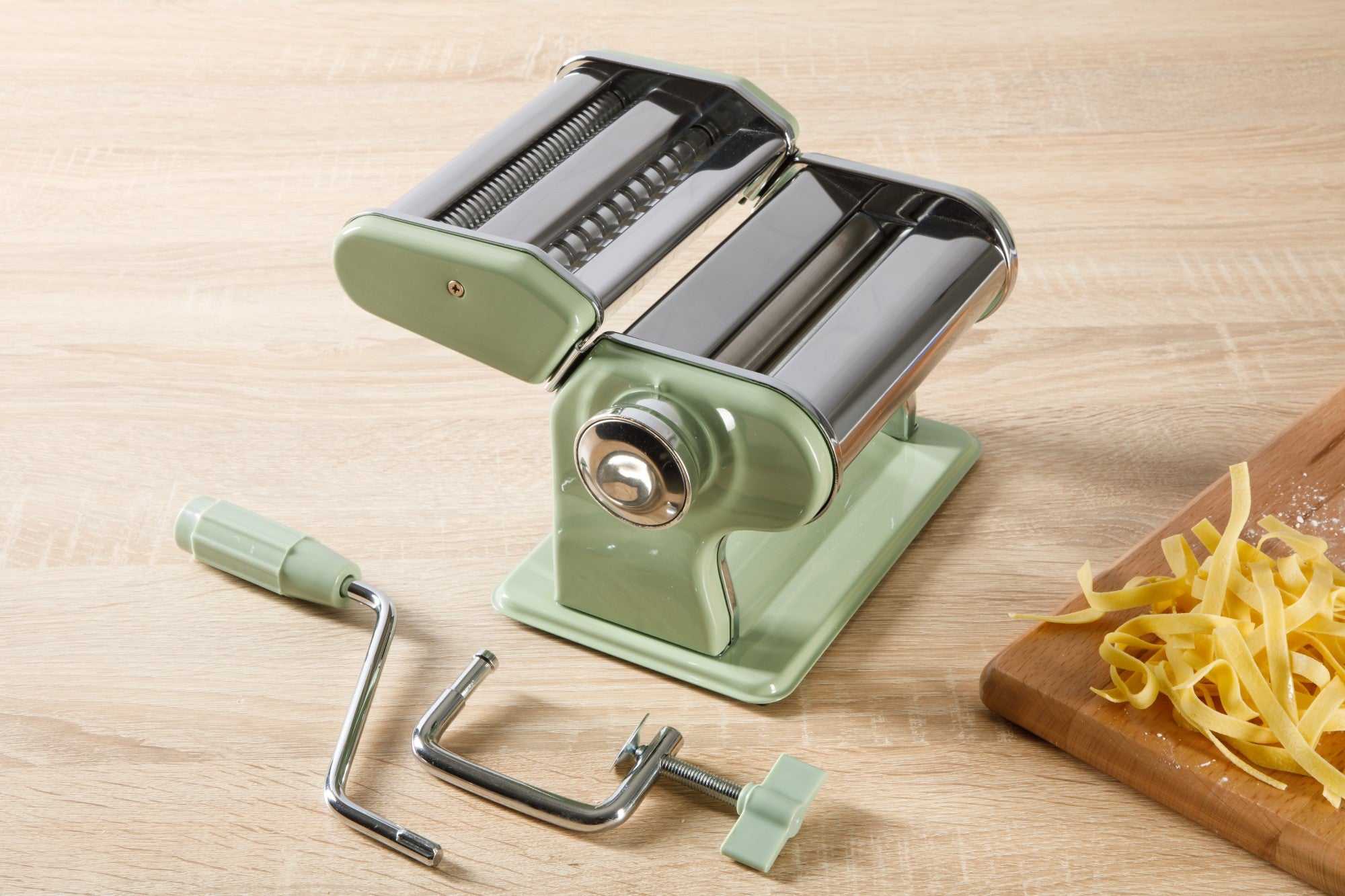 Sur La Table Kitchen Essential Va Bene Manual Pasta Maker Machine, Noodle Maker with Rollers and Cutters, Perfect for Spaghetti, Fettuccini, Lasagna or Dumpling Skin Silver, Stainless Steel/Juniper Green - Image 4