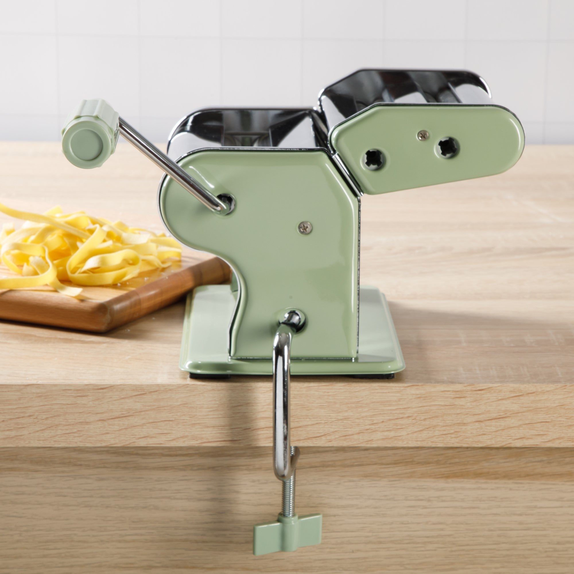 Sur La Table Kitchen Essential Va Bene Manual Pasta Maker Machine, Noodle Maker with Rollers and Cutters, Perfect for Spaghetti, Fettuccini, Lasagna or Dumpling Skin Silver, Stainless Steel/Juniper Green - Image 3