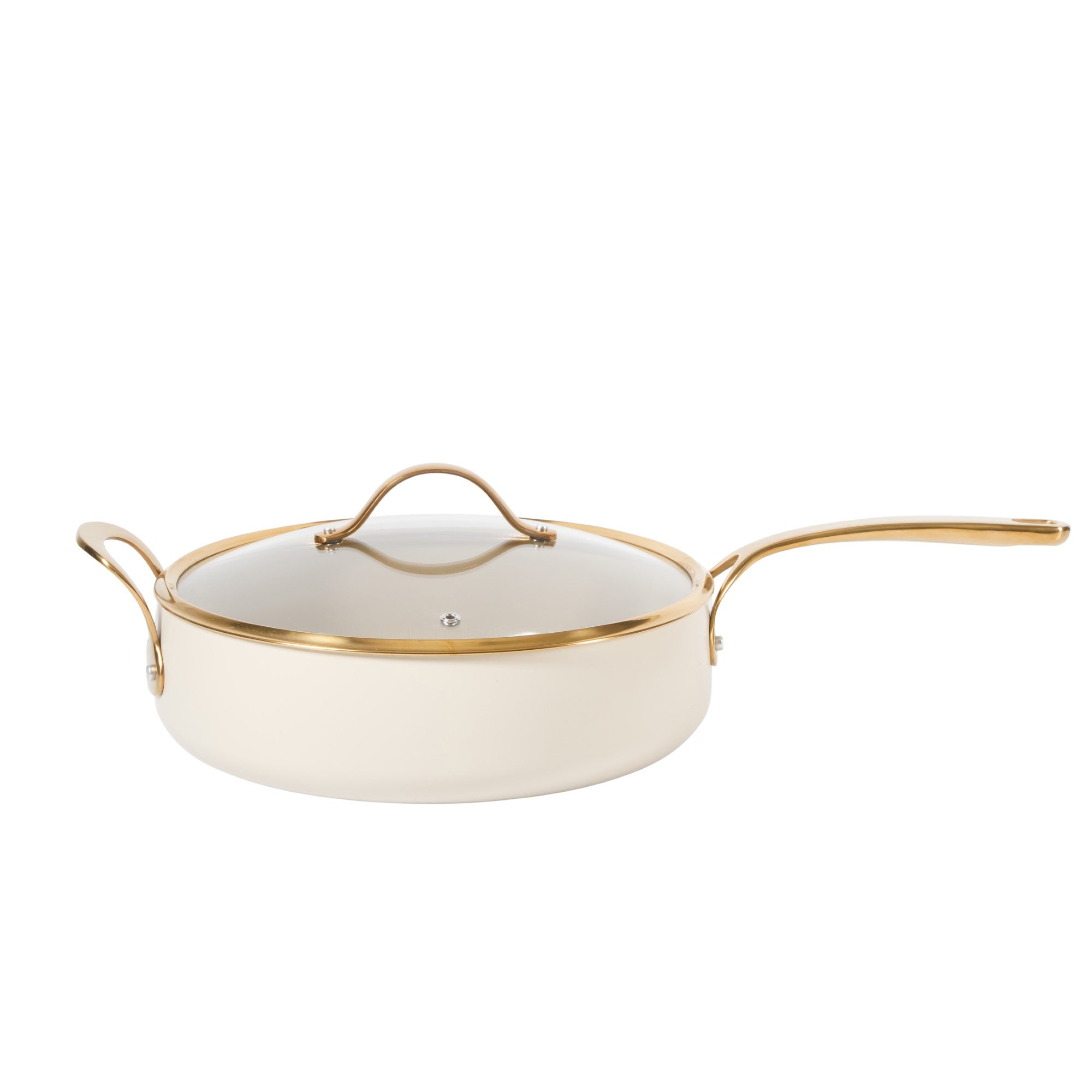Bloomhouse 6 QT Heavy Duty Aluminum Premium PFA Free Ceramic Nonstick Saute/Deep Frying Pan Skillet with Lid - Linen White with Gold Handle - Image 7