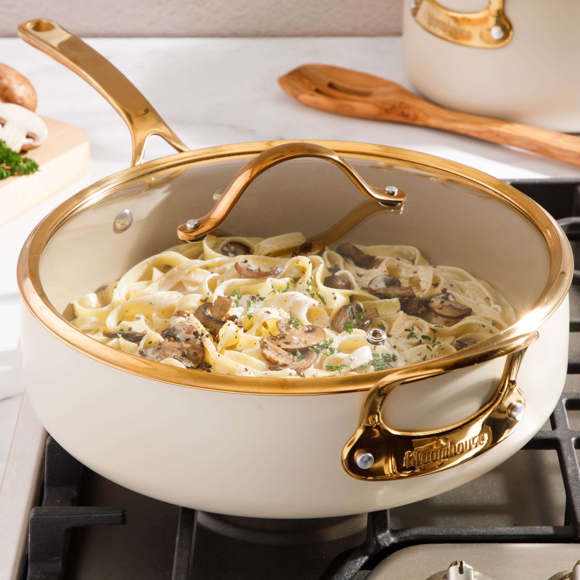 Bloomhouse 6 QT Heavy Duty Aluminum Premium PFA Free Ceramic Nonstick Saute/Deep Frying Pan Skillet with Lid - Linen White with Gold Handle - Image 2