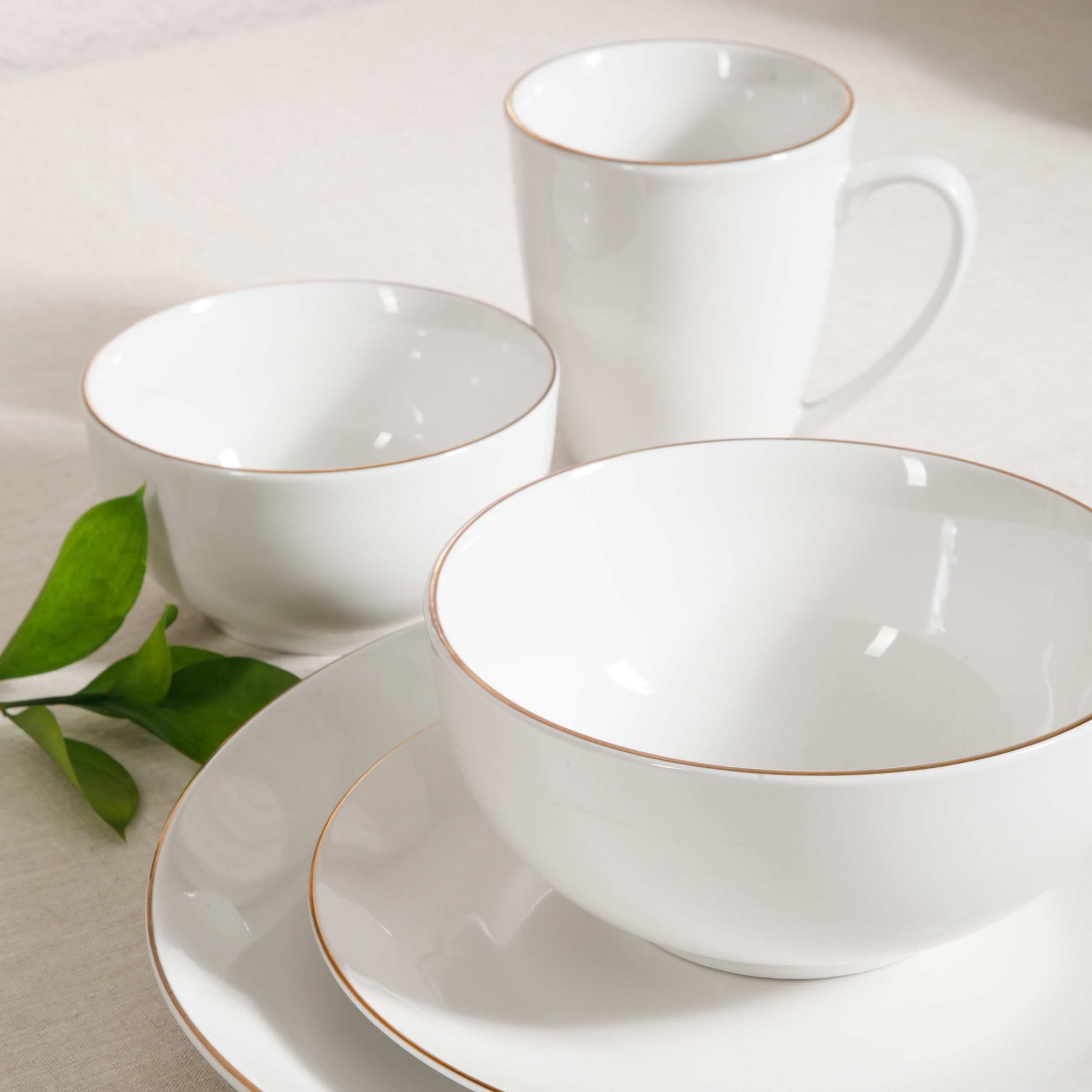Gibson Home Ogalla 30 Piece Plates, Bowls, & Mugs Dinnerware Set - Service for 6 - White Porcelain W/ Gold Band - Image 3