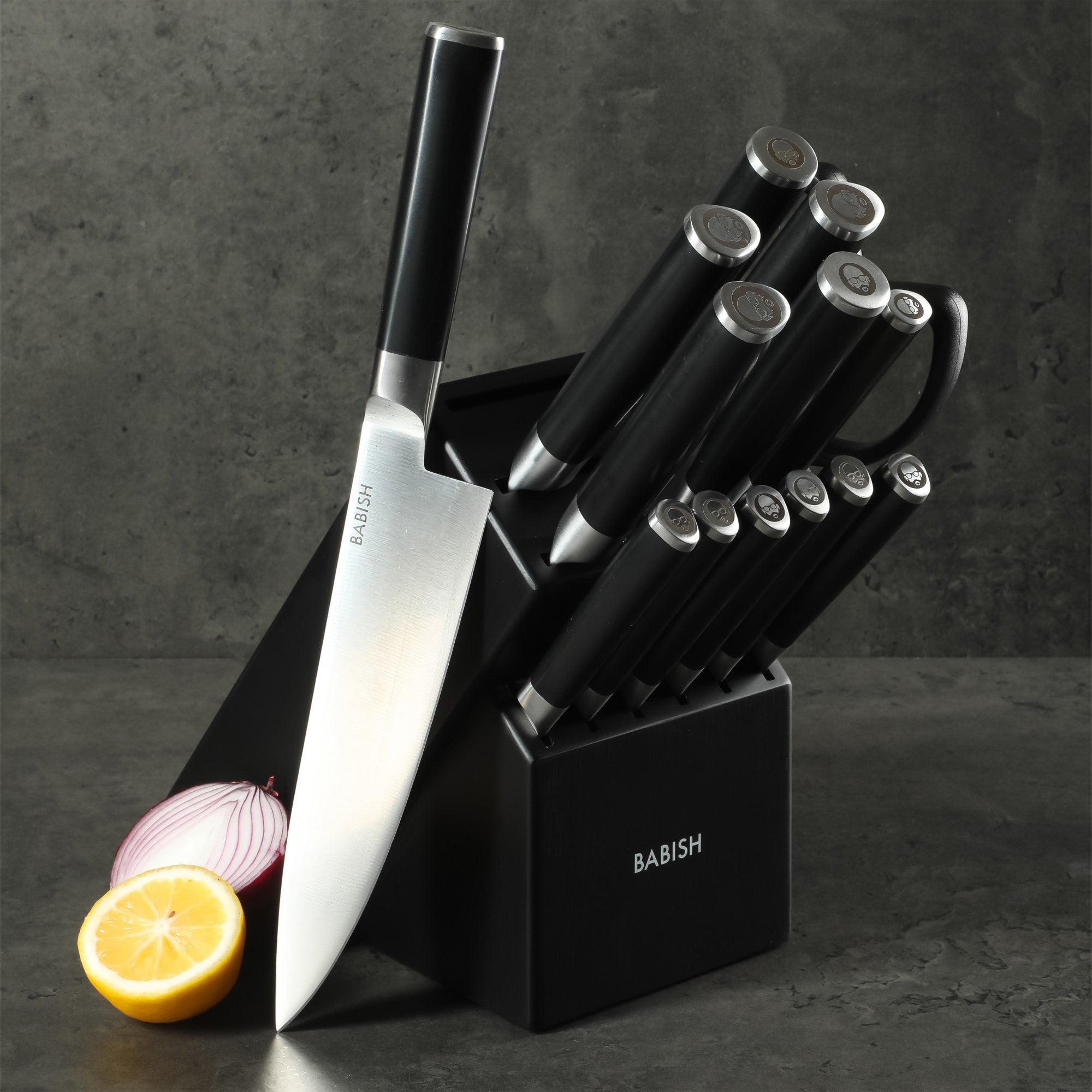 Babish High-Carbon 1.4116 German Steel 15 Piece Full Tang Forged Cutlery Kitchen Knife Block Set - Black - Image 2