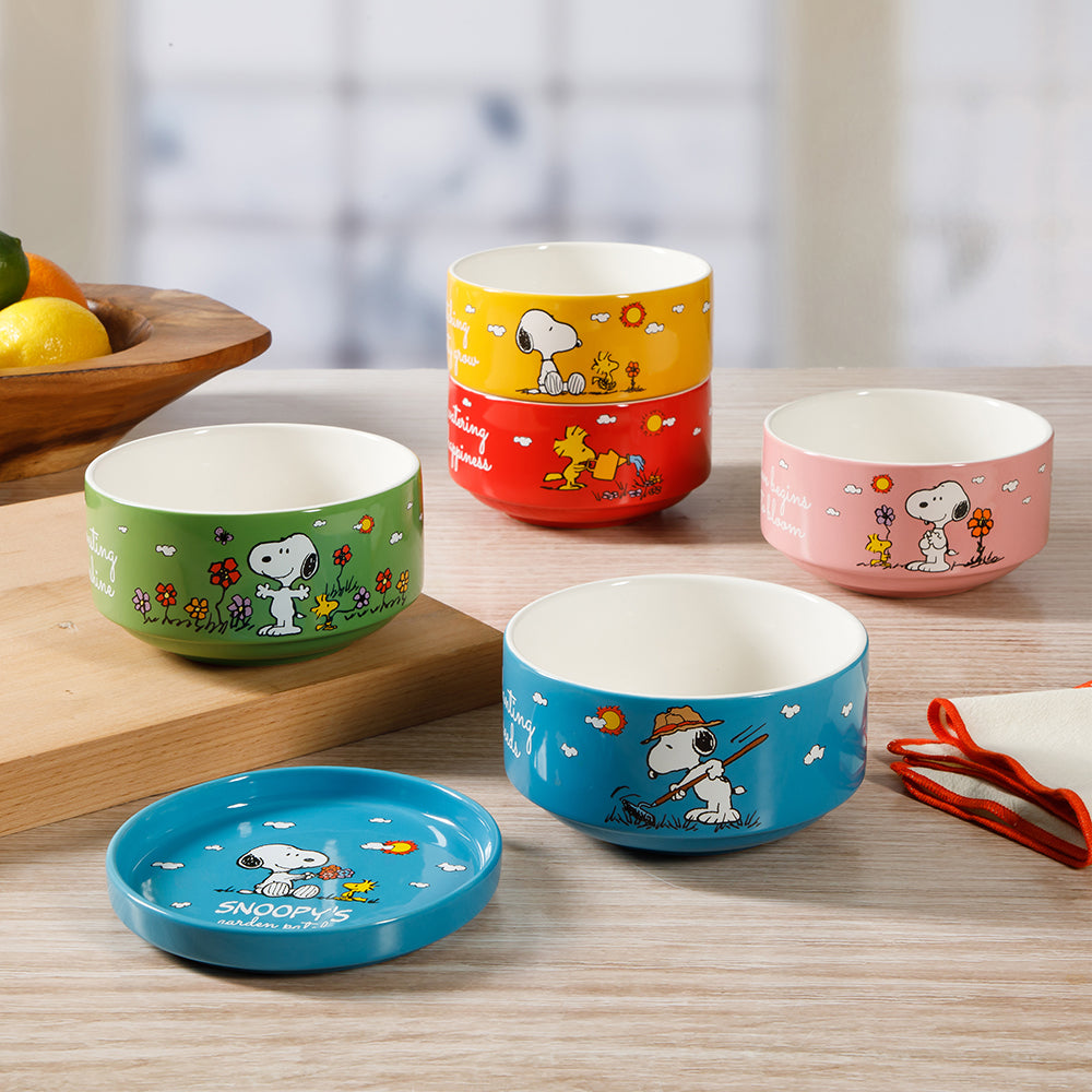 Peanuts Snoopy 6 Pack Stackable 5.5" Decorated Stoneware Bowl Set W/ Plate - Image 4