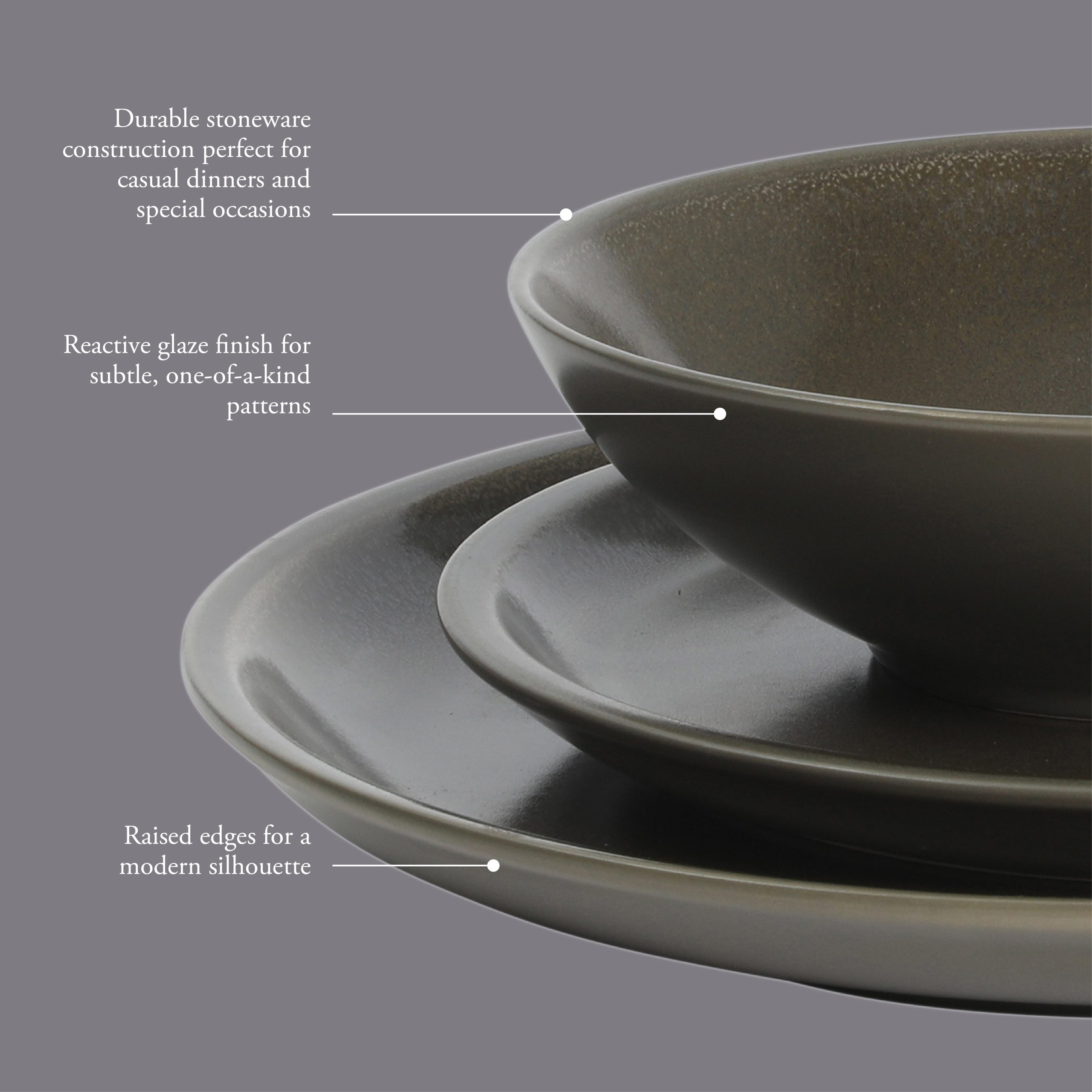 Gibson Elite 12 Piece (Service for 4) Lakecrest Plates and Bowls Reactive Glaze Round Dishes Stoneware Ceramic Dinnerware Set - Dark Green - Image 4