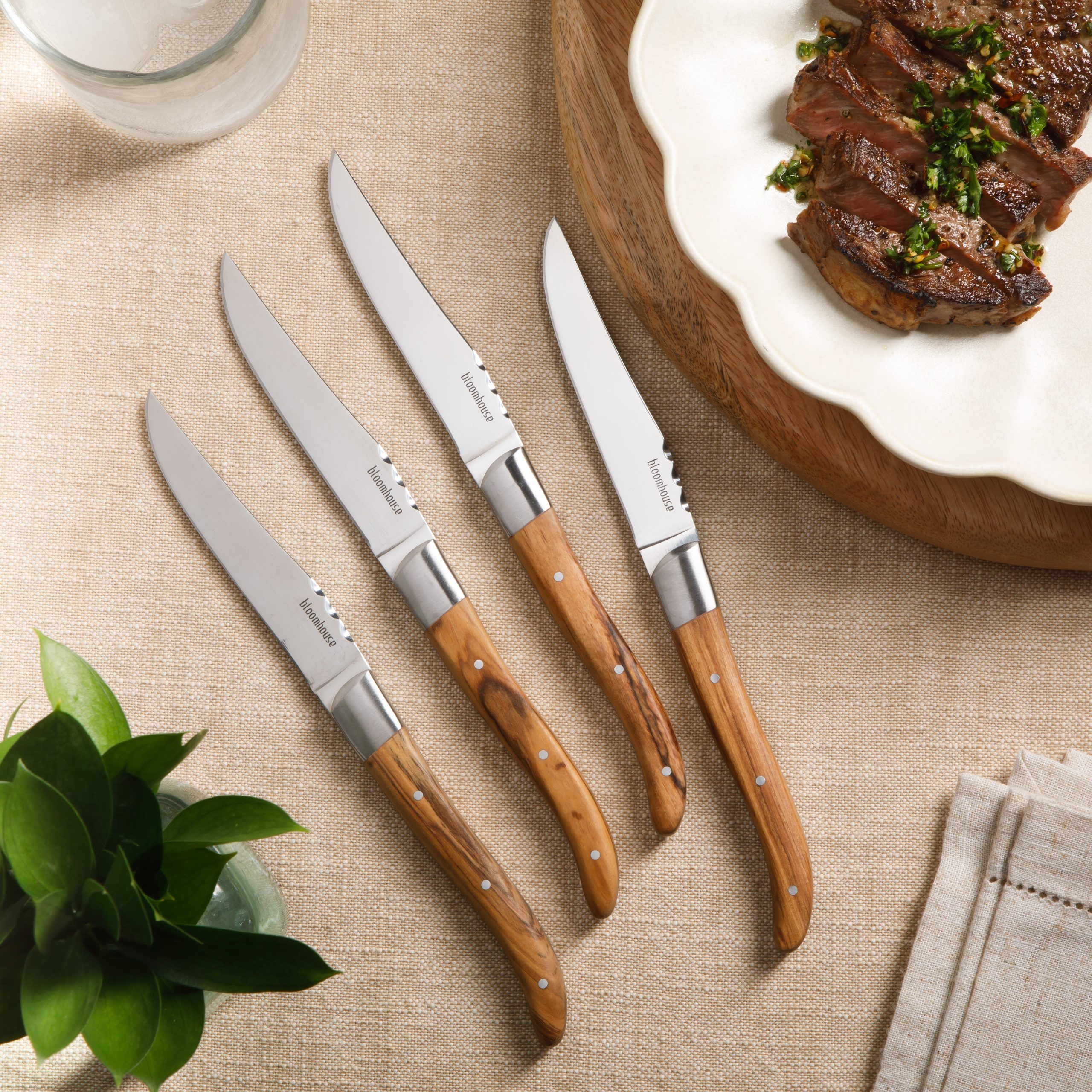 Bloomhouse 4-Piece German Stainless Steel Steak Knife Set – Premium Olive Wood Handle Steak Knives, Full-Tang Blades for Dining - Image 2