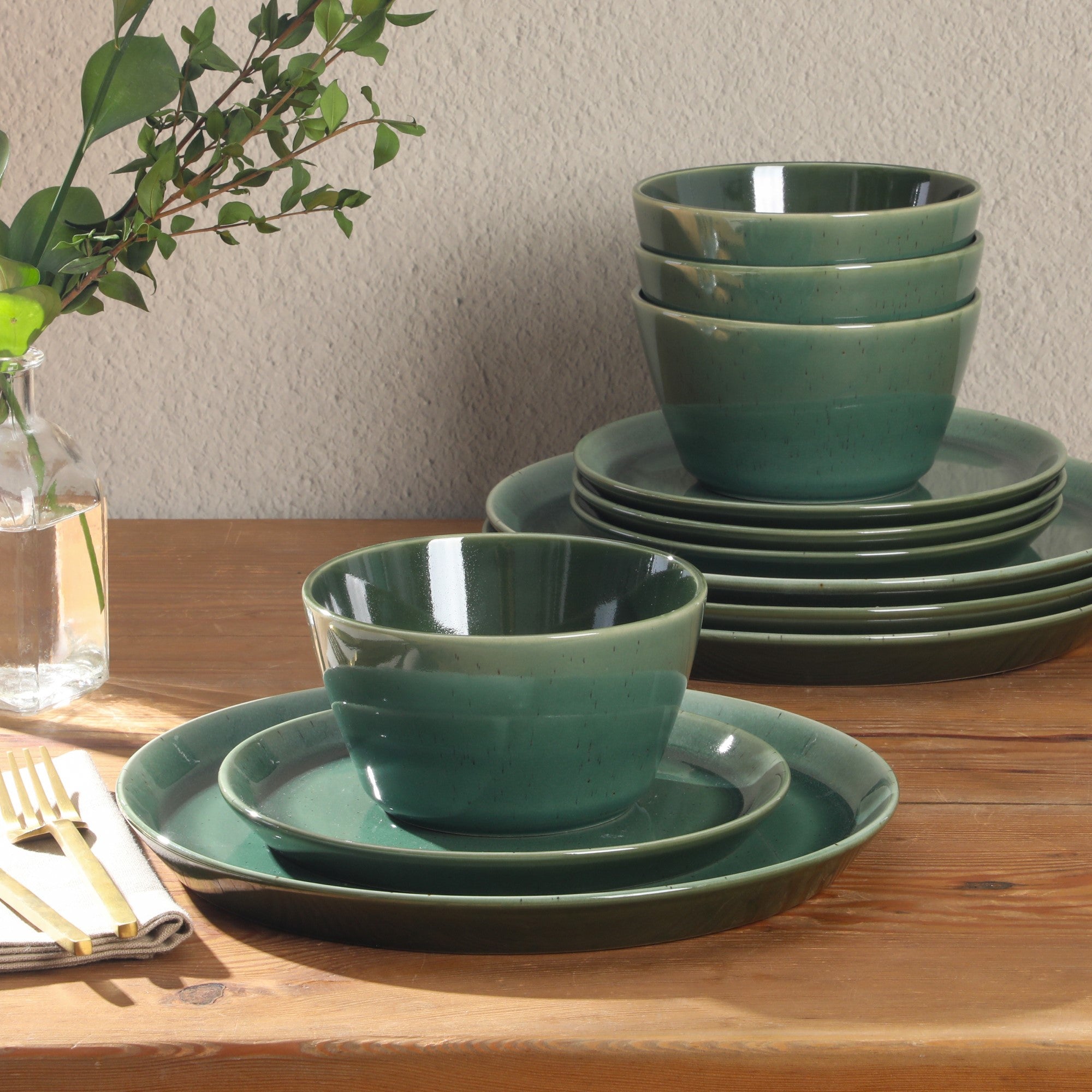 Gibson Elite 12 Piece (Service for 4) Fern Canyon Plates and Bowls Reactive Glaze Modern Coupe Round Dishes Stoneware Ceramic Dinnerware Set - Glossy Green - Image 3