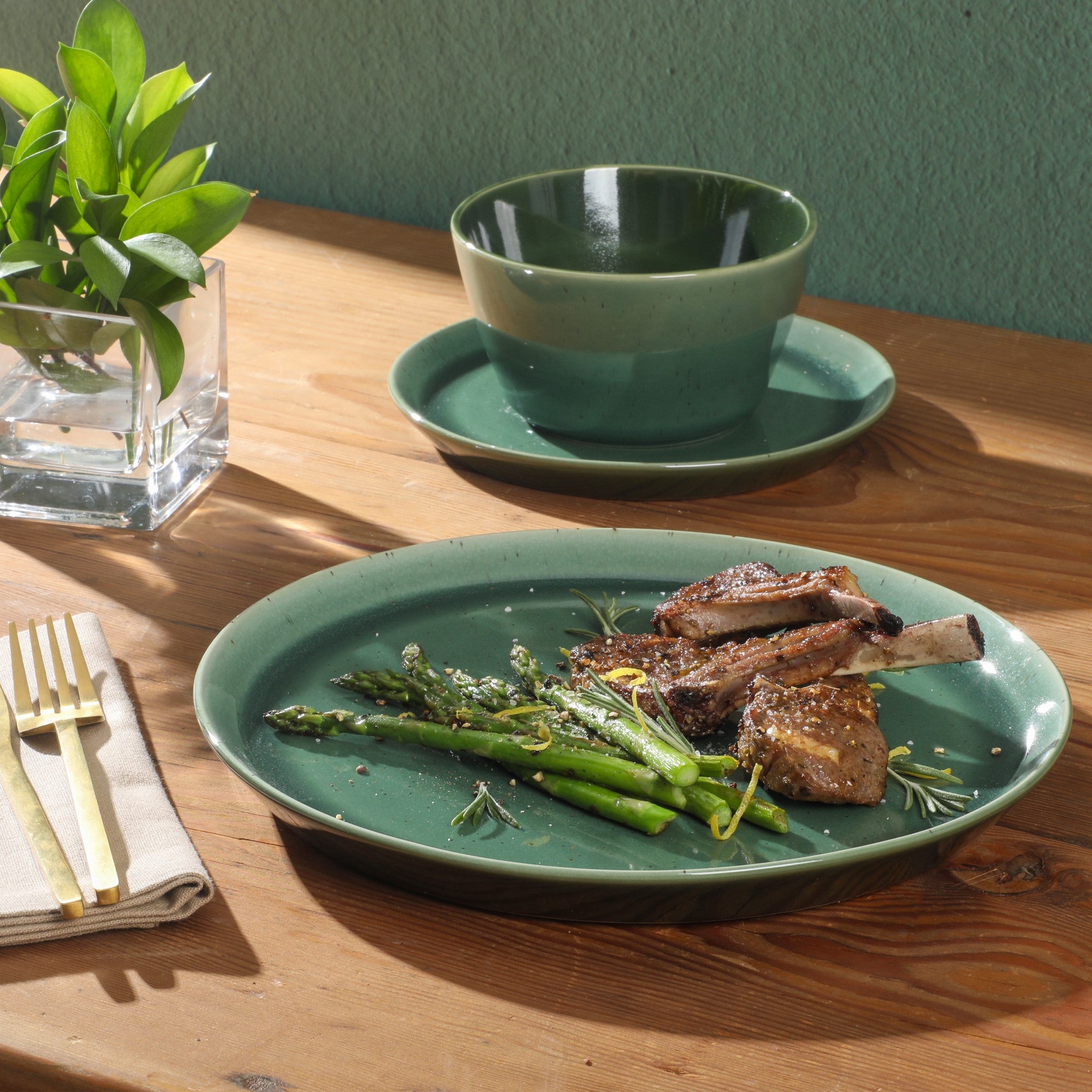 Gibson Elite 12 Piece (Service for 4) Fern Canyon Plates and Bowls Reactive Glaze Modern Coupe Round Dishes Stoneware Ceramic Dinnerware Set - Glossy Green - Image 11