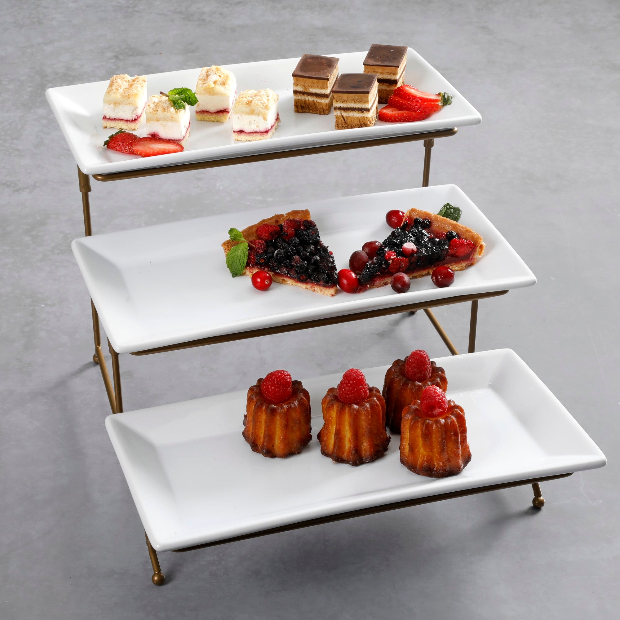 Gibson Home Gracious Dining Dinnerware, 3-Tier Rectangle Plate Serving Set with Gold Metal Stand, White - Image 2