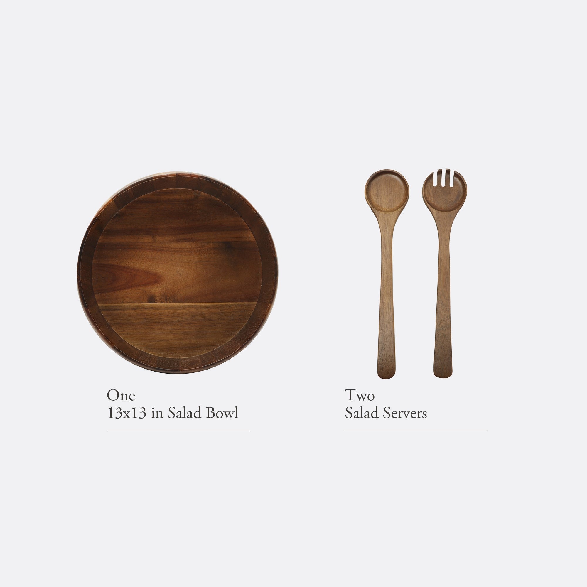 Gibson Home Laurelton 3 Piece Large 13" Acacia Wood Salad Serving Bowl Set w/ 2 Serving Tools - Image 8