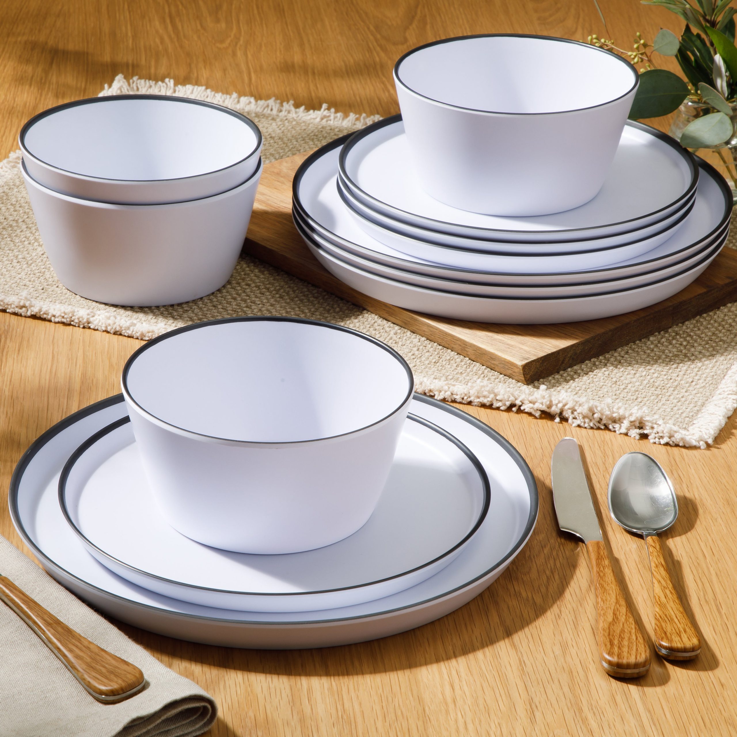 Gibson Home Folsom Shores 12 Piece Unbreakable Modern Melamine Plates and Bowls Dinnerware Set - Outdoor, Camping, & Everyday Use - White W/ Black Rim - Image 2