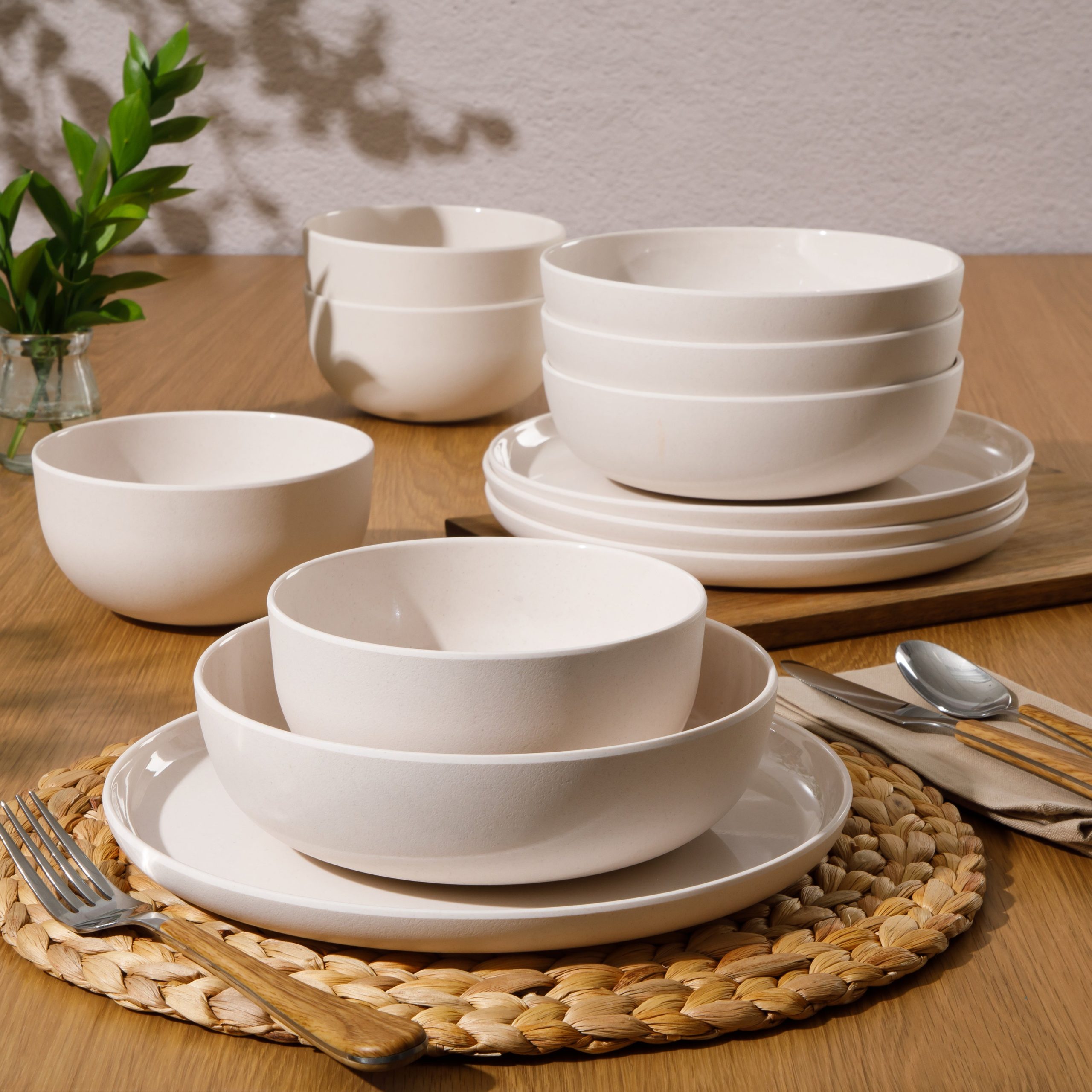 Gibson Home Candy Skies 12 Piece Unbreakable Wheat Straw Melamine Plates and Bowls Dinnerware Set - Outdoor, Camping, & Everyday Use - Matte Exterior/Shiny Interior - Image 2