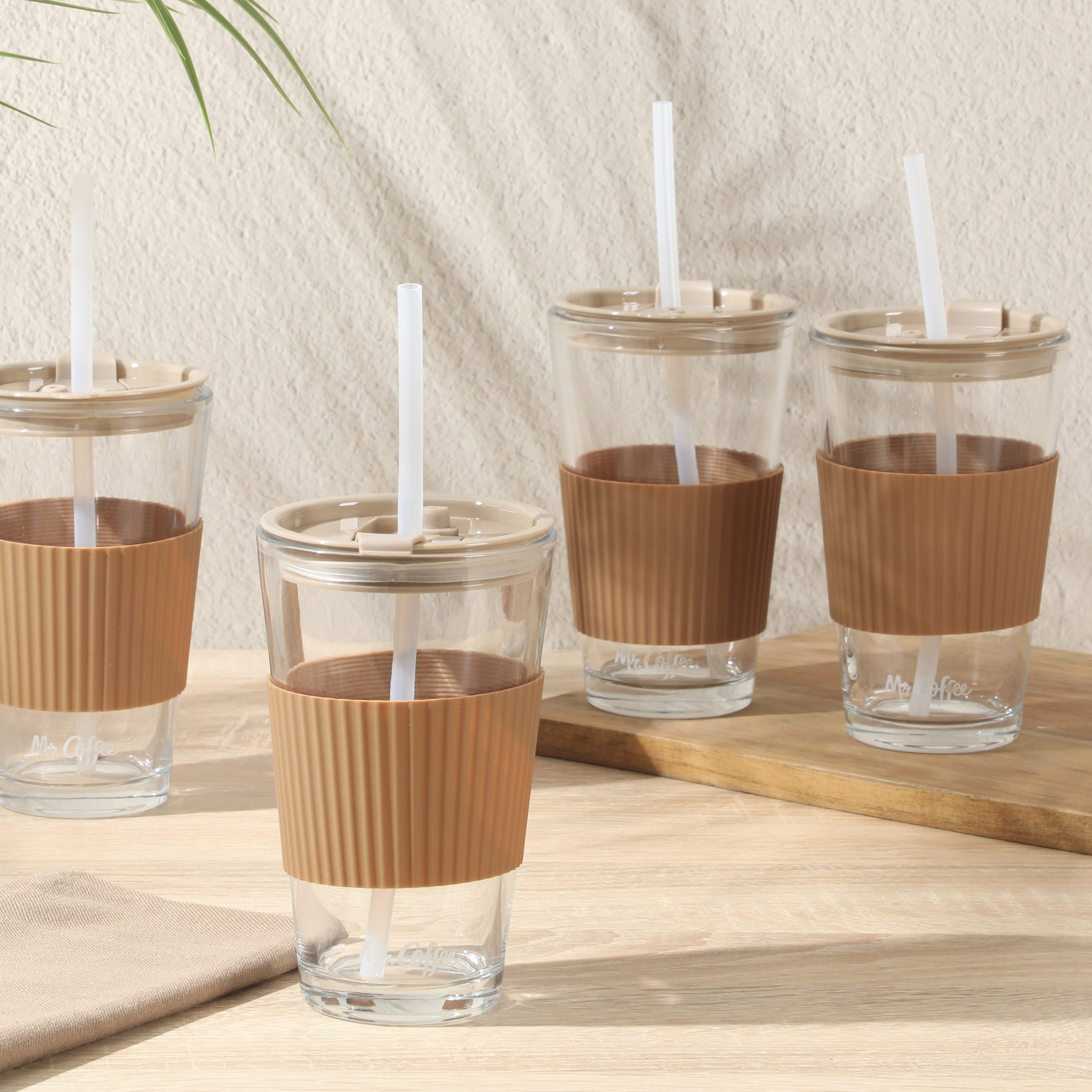 Mr. Coffee Sip Savvy 4-Pack 15oz Glass Tumblers with Lids and Straws – Reusable Iced Coffee Cups – Dishwasher Safe – To-Go Drinkware Water Glasses - Image 3