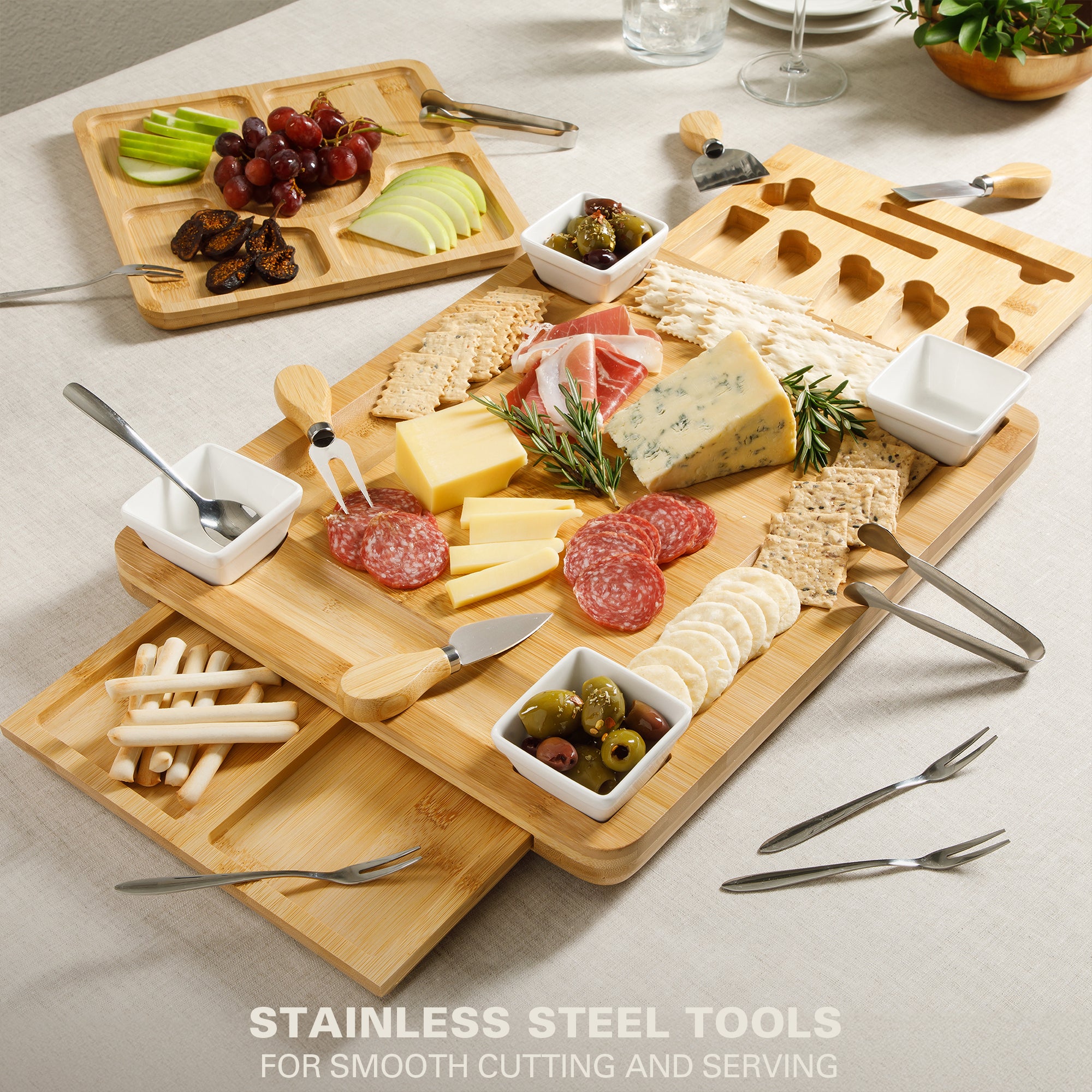 Gibson Home Rustic Inspirations 18-Piece Bamboo Charcuterie Board Set for Serving – Large Cheese & Fruit Tray with Hidden Drawer, Ceramic Bowls, Utensils – Gift for Entertaining, Housewarming, Holidays - Image 7
