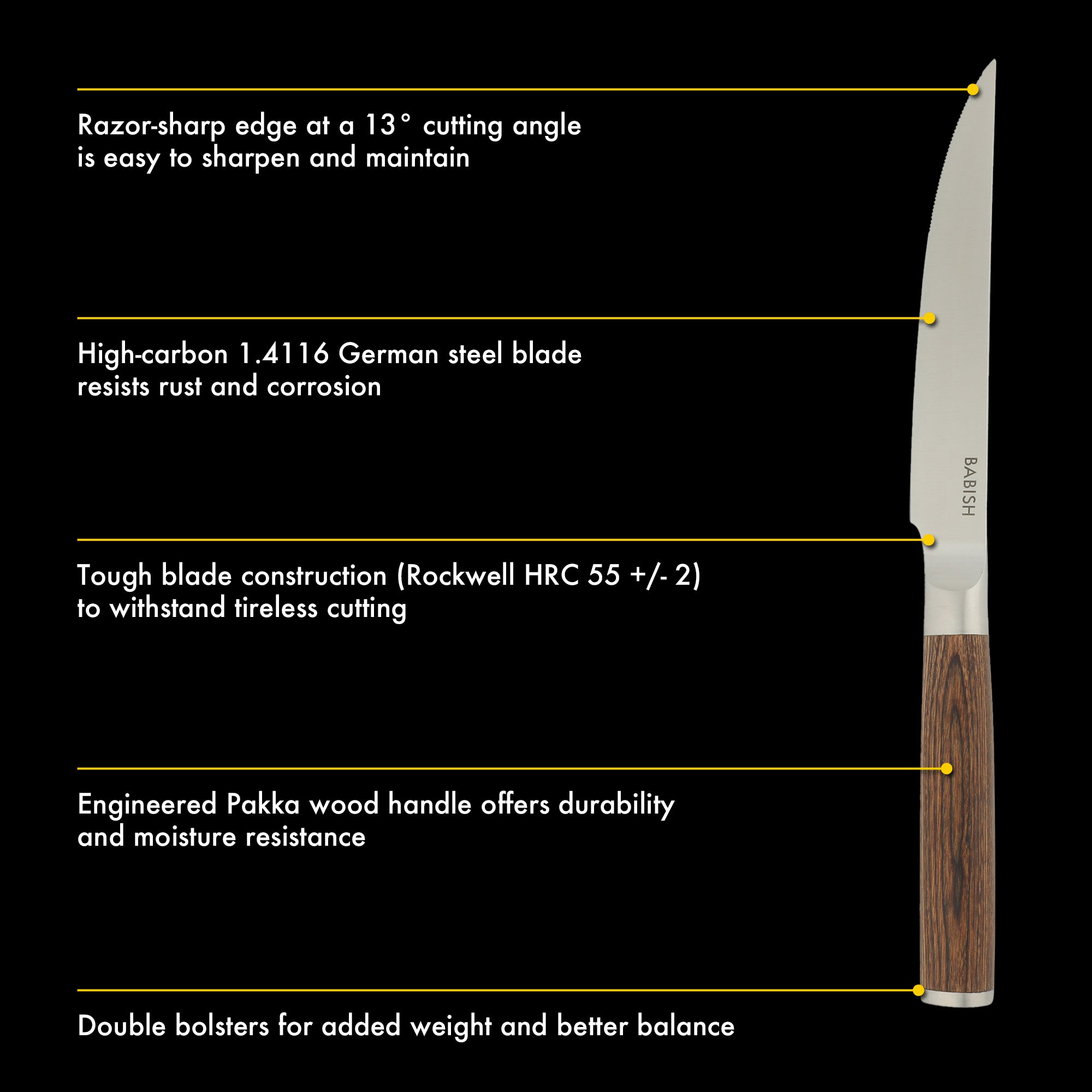 Babish 4-Piece 1.4116 German Stainless Steel Steak Knife Set with Pakka Wood Handles – Full-Tang Steak Knives for Dining, Entertaining & Everyday Table Use - Image 3