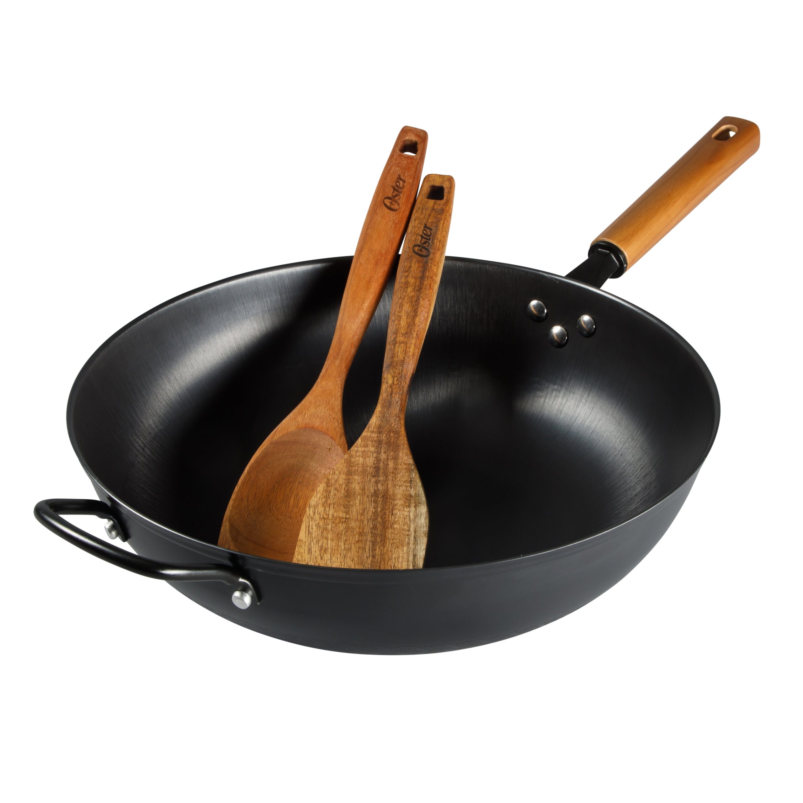 Oster Dunwood 3 Piece Carbon Steel Wok, 13.8” PFAS-Free Stir Fry Pan with Wooden Spatulas, High Heat, Oven & Stovetop Safe - Image 3