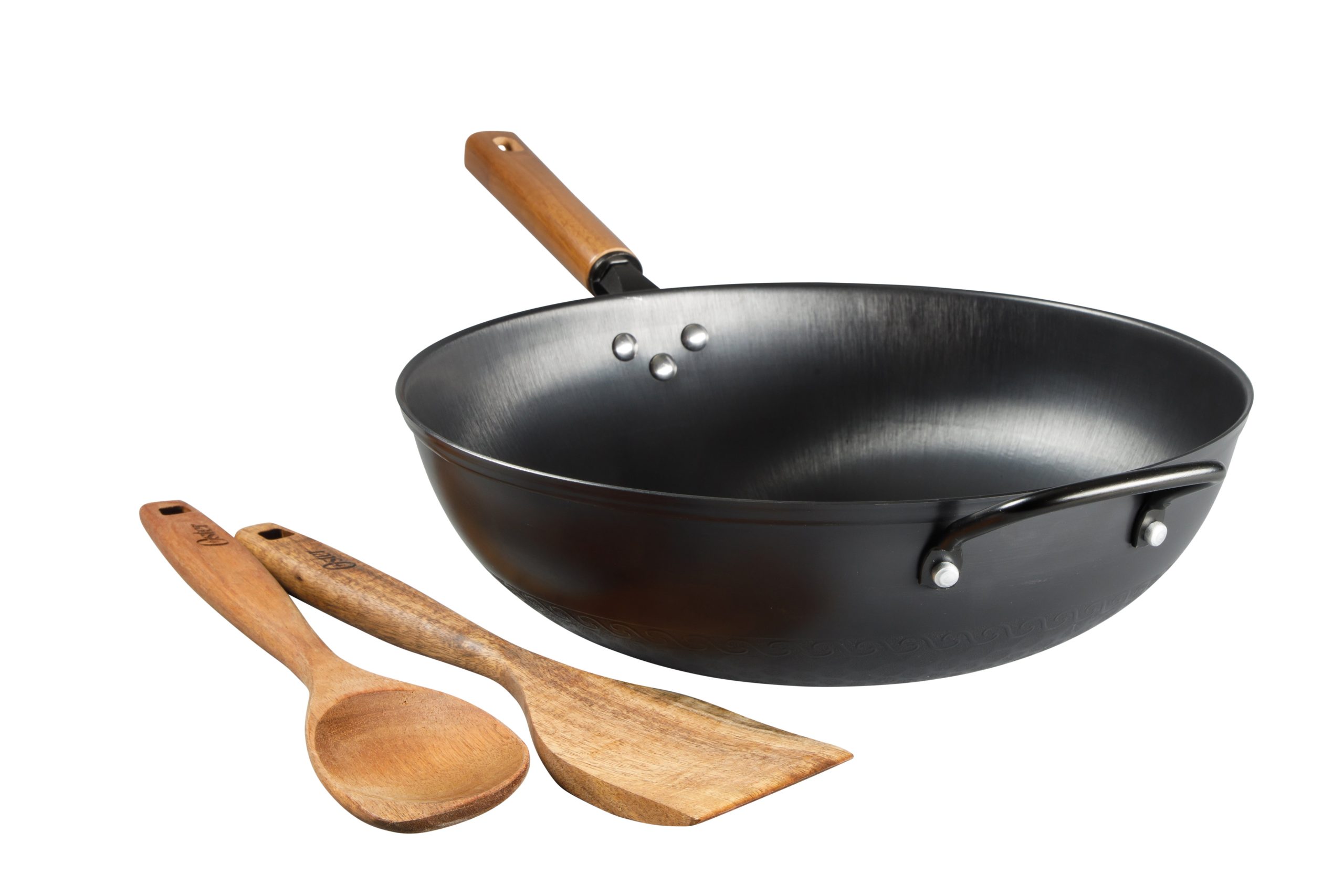 Oster Dunwood 3 Piece Carbon Steel Wok, 13.8” PFAS-Free Stir Fry Pan with Wooden Spatulas, High Heat, Oven & Stovetop Safe - Image 4