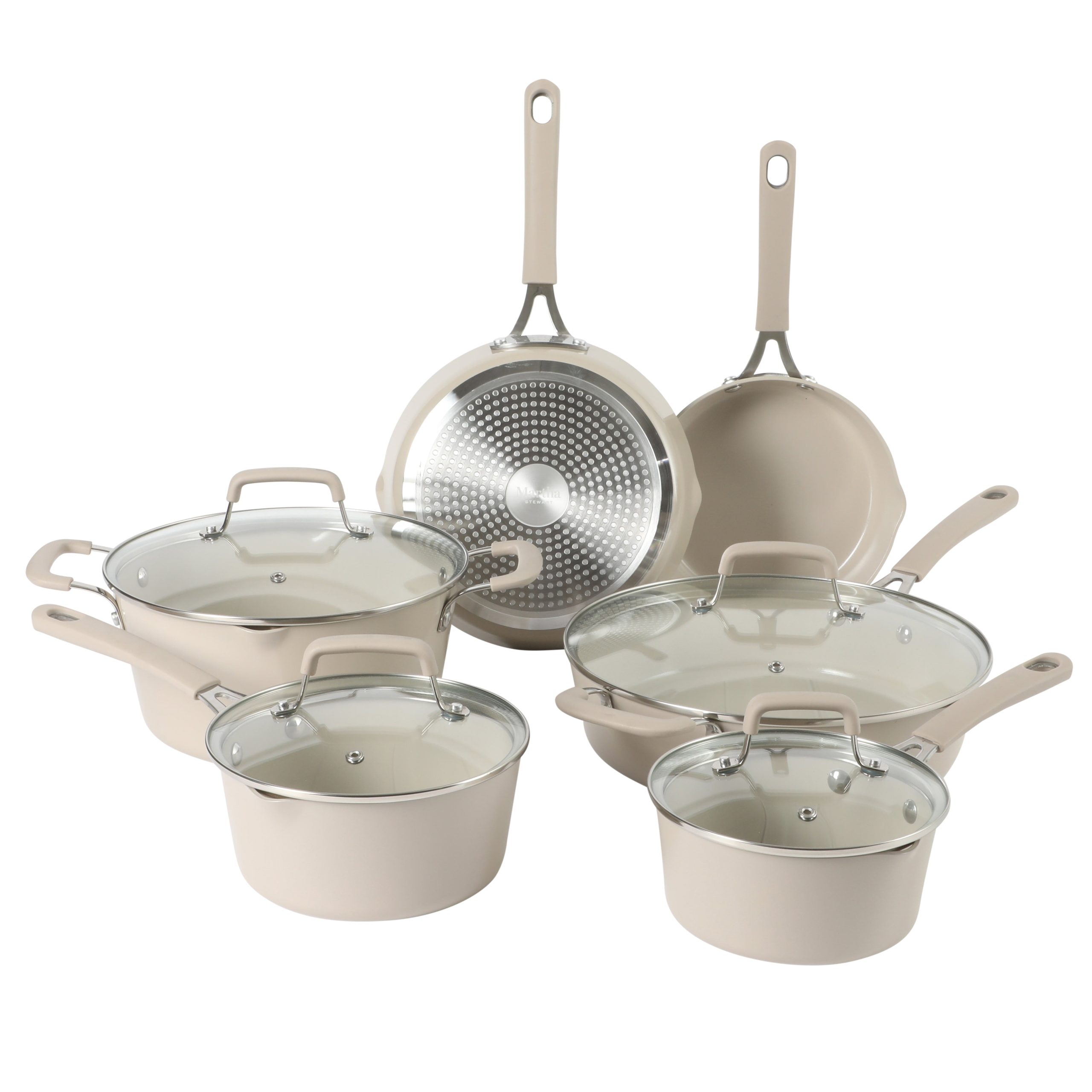 Martha Stewart Heathland Premium Nonstick PFA Free Ceramic Interior 10-Piece Tapered Aluminum Cookware Set - Linen White - Image 10
