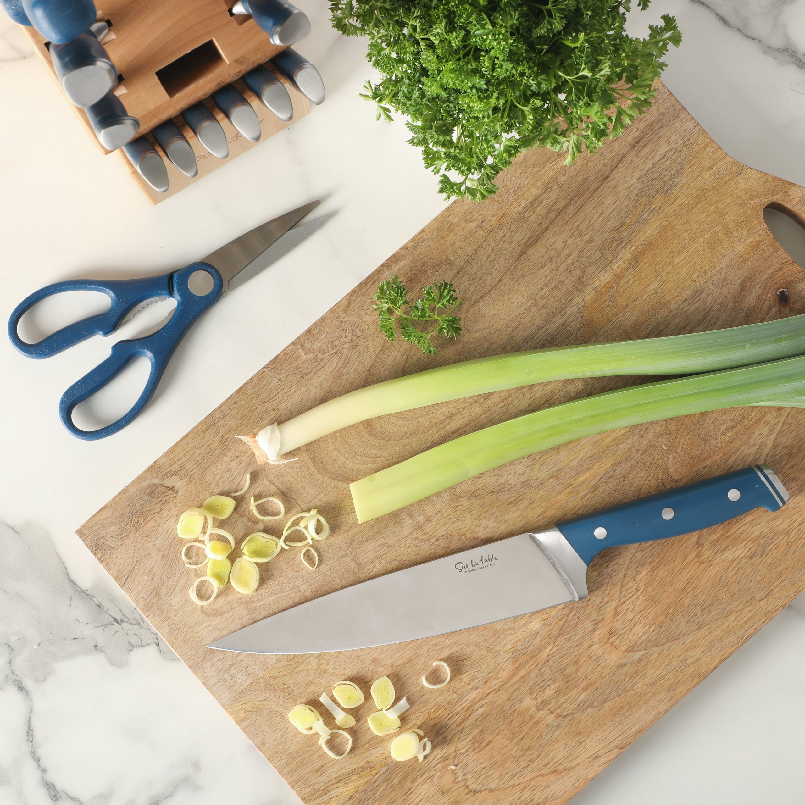 Sur La Table Kitchen Essentials 14 Piece Cutlery Set, German Steel Forged Knives, Beech Wood Block, Chef, Santoku, Bread, Steak Knives, Shears & Sharpener - Blue - Image 10