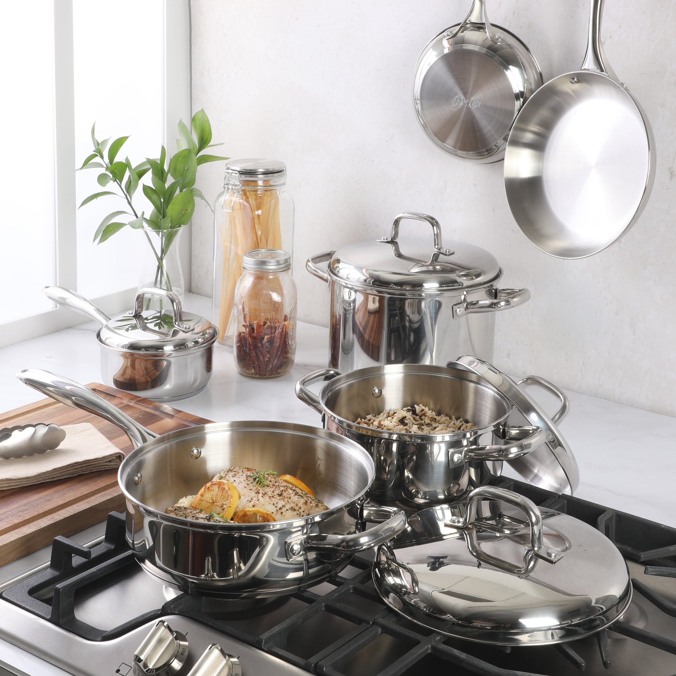 Oster Platinum Sedwick Stackable Stainless Steel Pots and Pans Cookware Set W/ Domed Stainless Steel Lids W/ TriPly Encapsulated Base - Induction Safe - Image 3