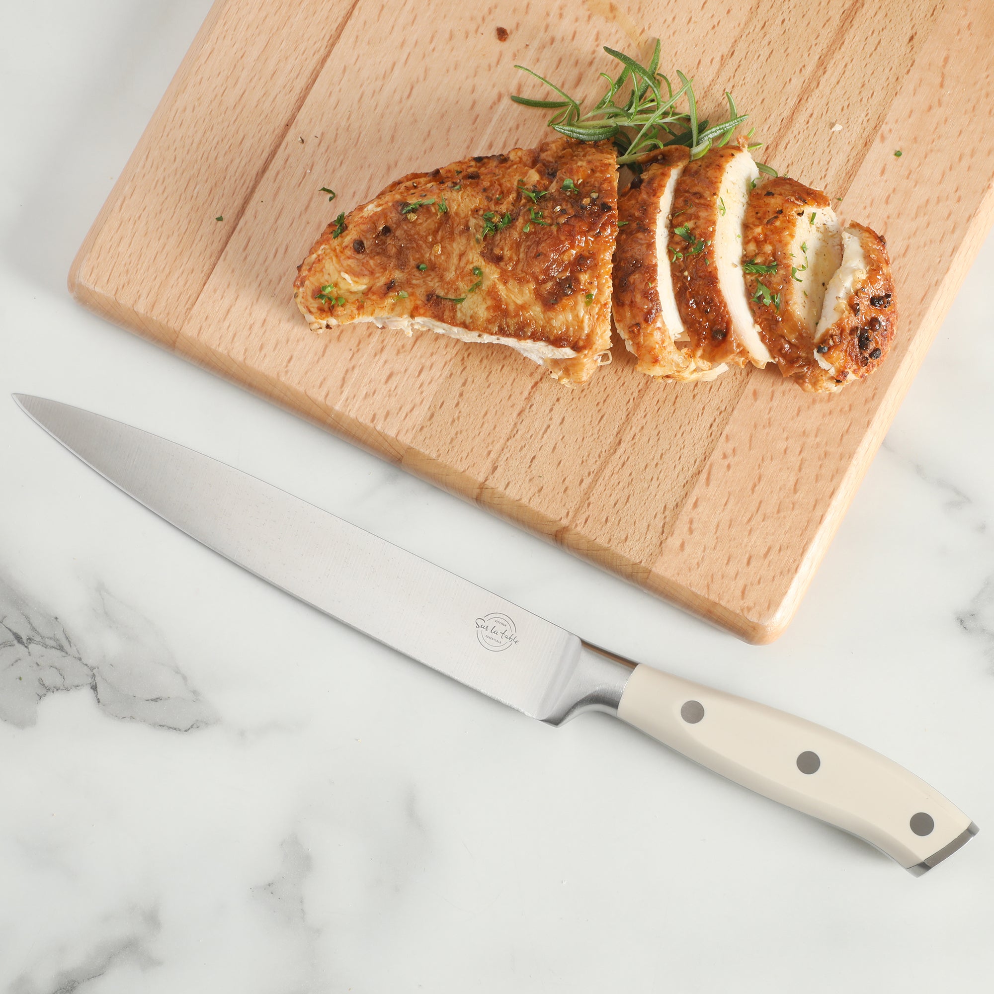 Sur La Table Kitchen Essentials Tasting Kitchen German Steel Slicer Knife, 8-Inch Stainless Steel Blade – Professional Kitchen Knife with White Handle and Forged Full Tang - Image 2