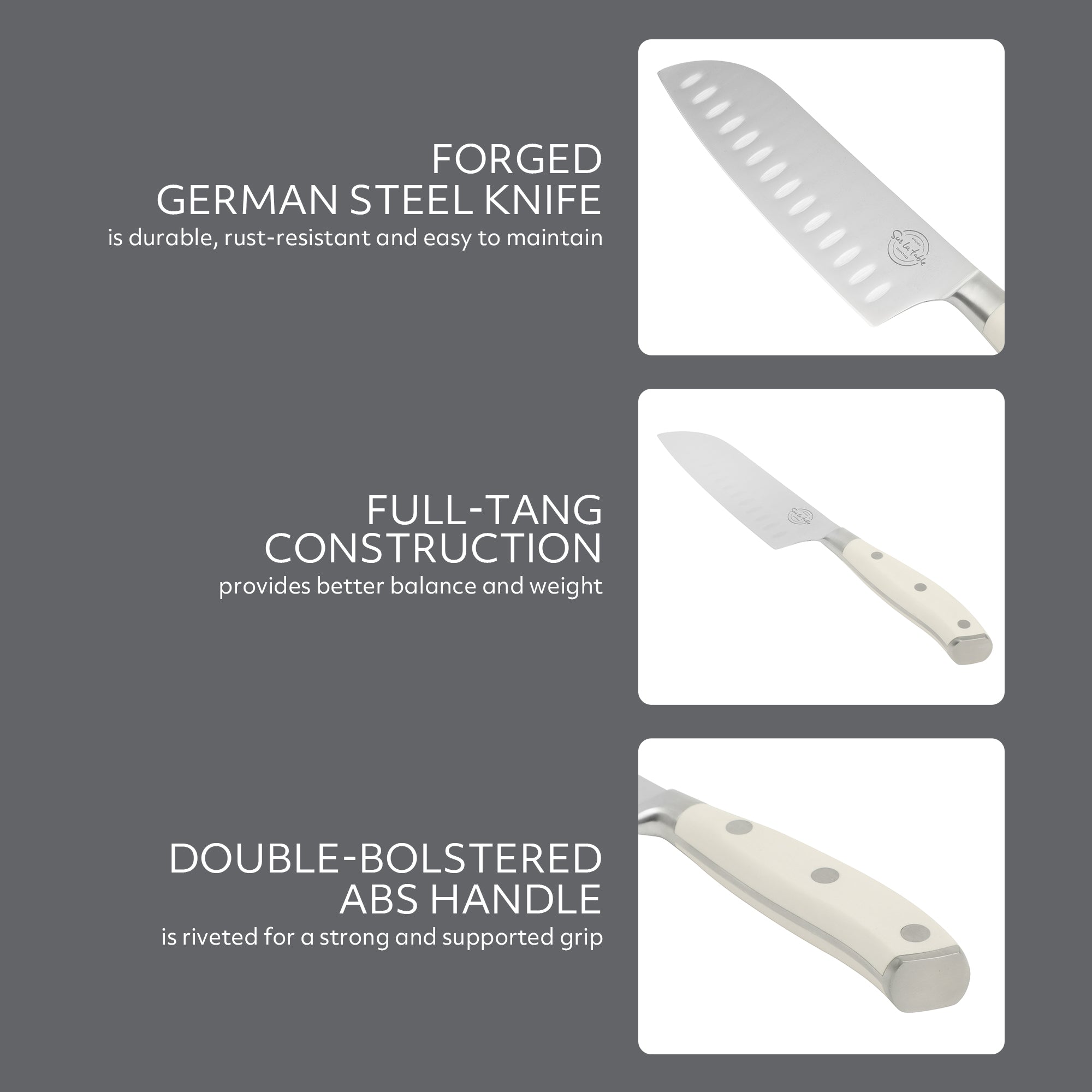 Sur La Table Kitchen Essentials Tasting Kitchen German Steel Santoku Knife, 7-Inch Stainless Steel Blade – Professional Kitchen Knife with White Handle and Forged Full Tang - Image 5