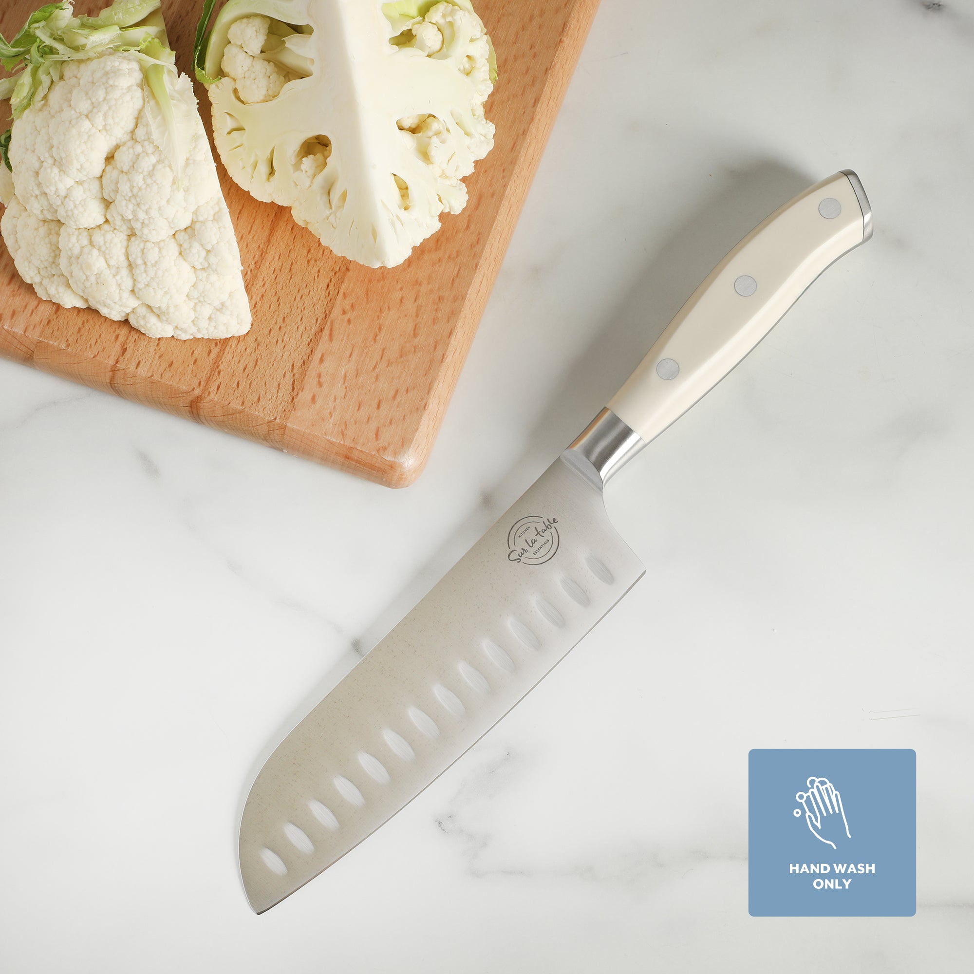 Sur La Table Kitchen Essentials Tasting Kitchen German Steel Santoku Knife, 7-Inch Stainless Steel Blade – Professional Kitchen Knife with White Handle and Forged Full Tang - Image 6