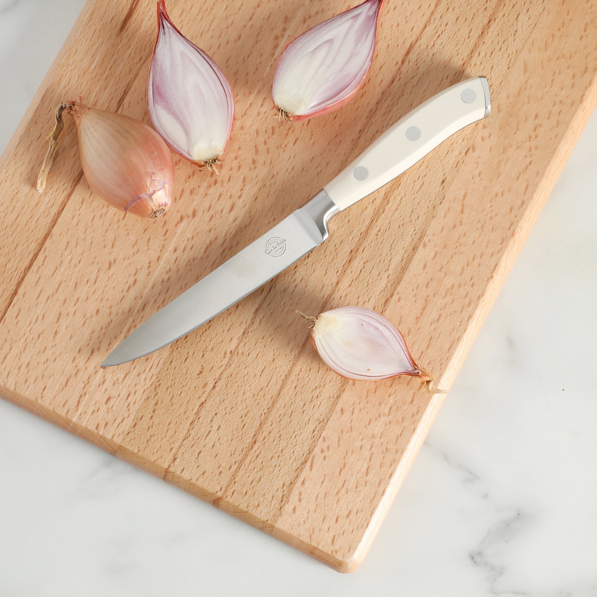 Sur La Table Kitchen Essentials Tasting Kitchen German Steel Utility Knife, 5-Inch Stainless Steel Blade – Professional Kitchen Knife with White Handle and Forged Full Tang - Image 2