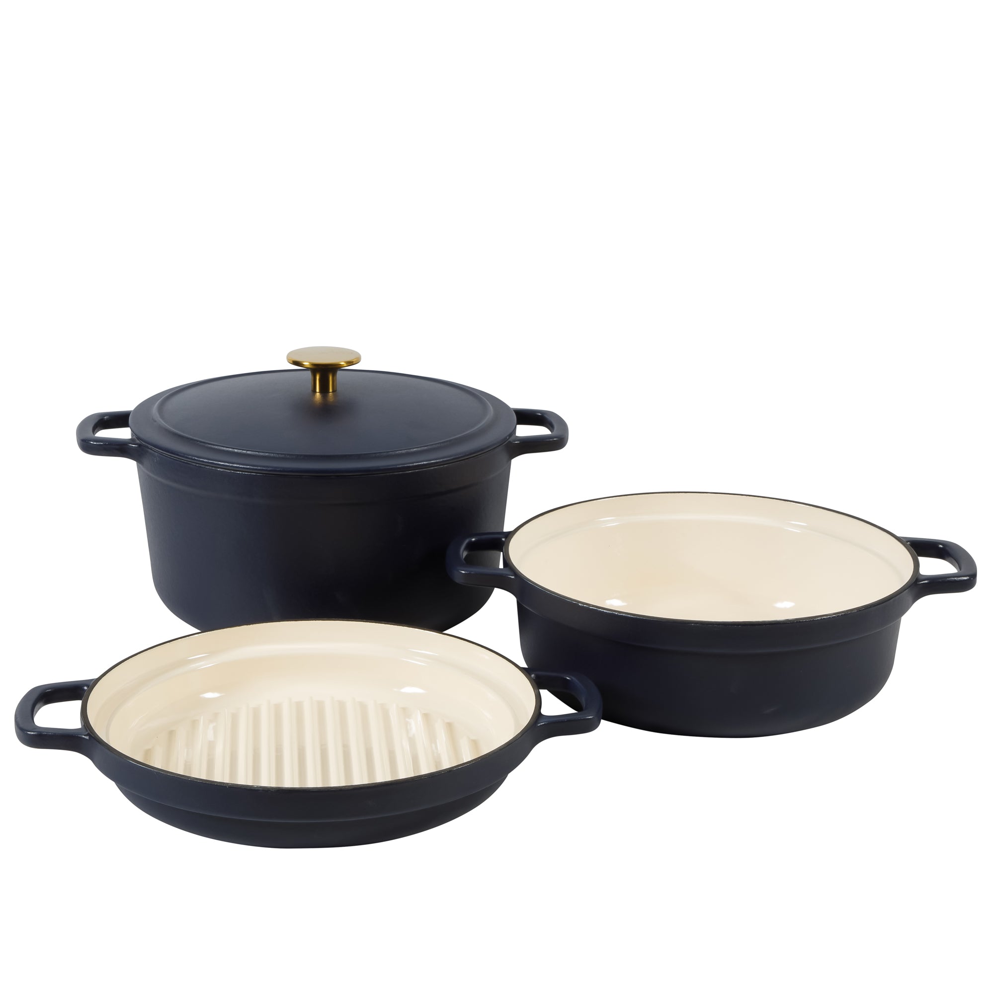 Sur La Table Kitchen Essentials 4-Piece Enameled Cast Iron Stackable Cookware Set, 5.3 Qt Dutch Oven with Lid, Braiser & Grill Pan, Navy Blue, Gold Knob Oven Safe to 500°F, Induction Compatible - Image 5
