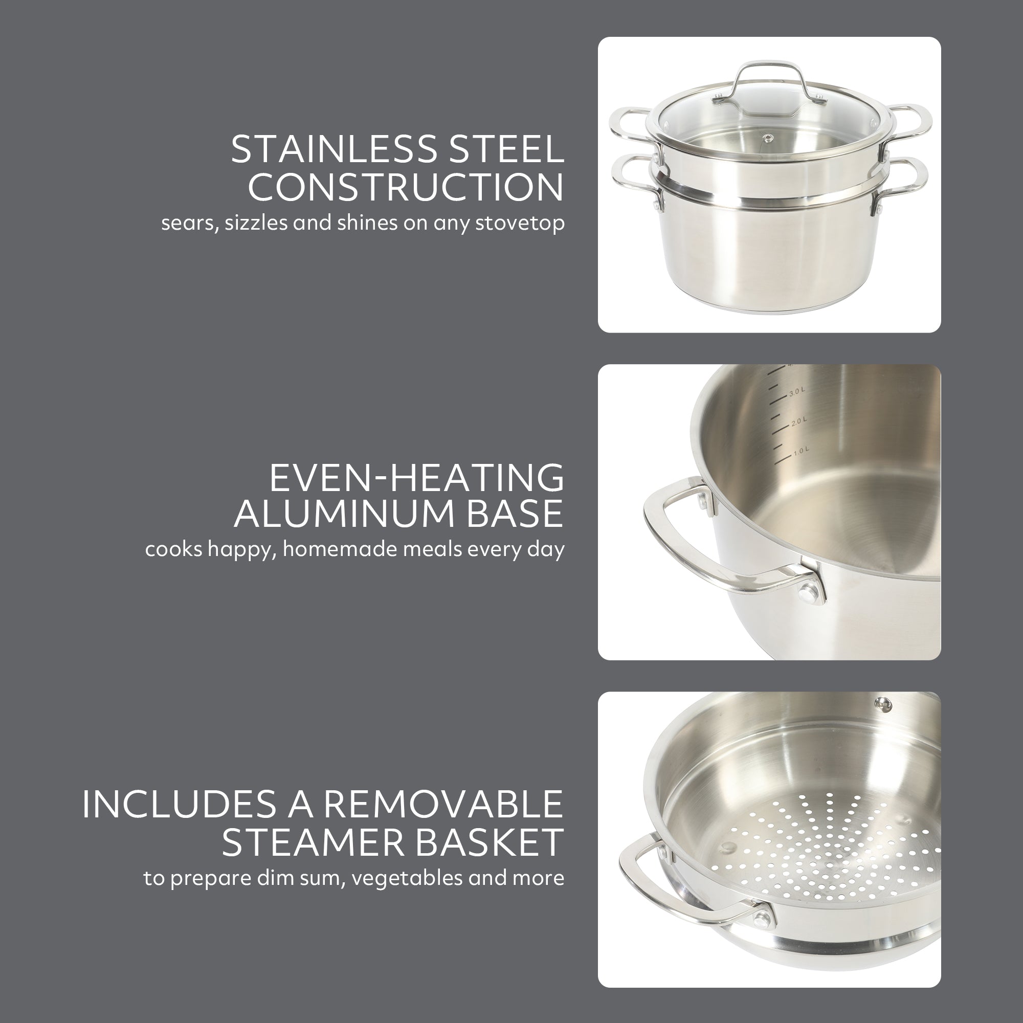Sur La Table Kitchen Essentials Chef's Deck 3-Piece 5.3-Quart Stainless Steel Dutch Oven with Steamer Insert & Glass Lid – Induction Ready, Tri-Ply Base, Polished Finish & Hollow Stay-Cool Handles - Image 5