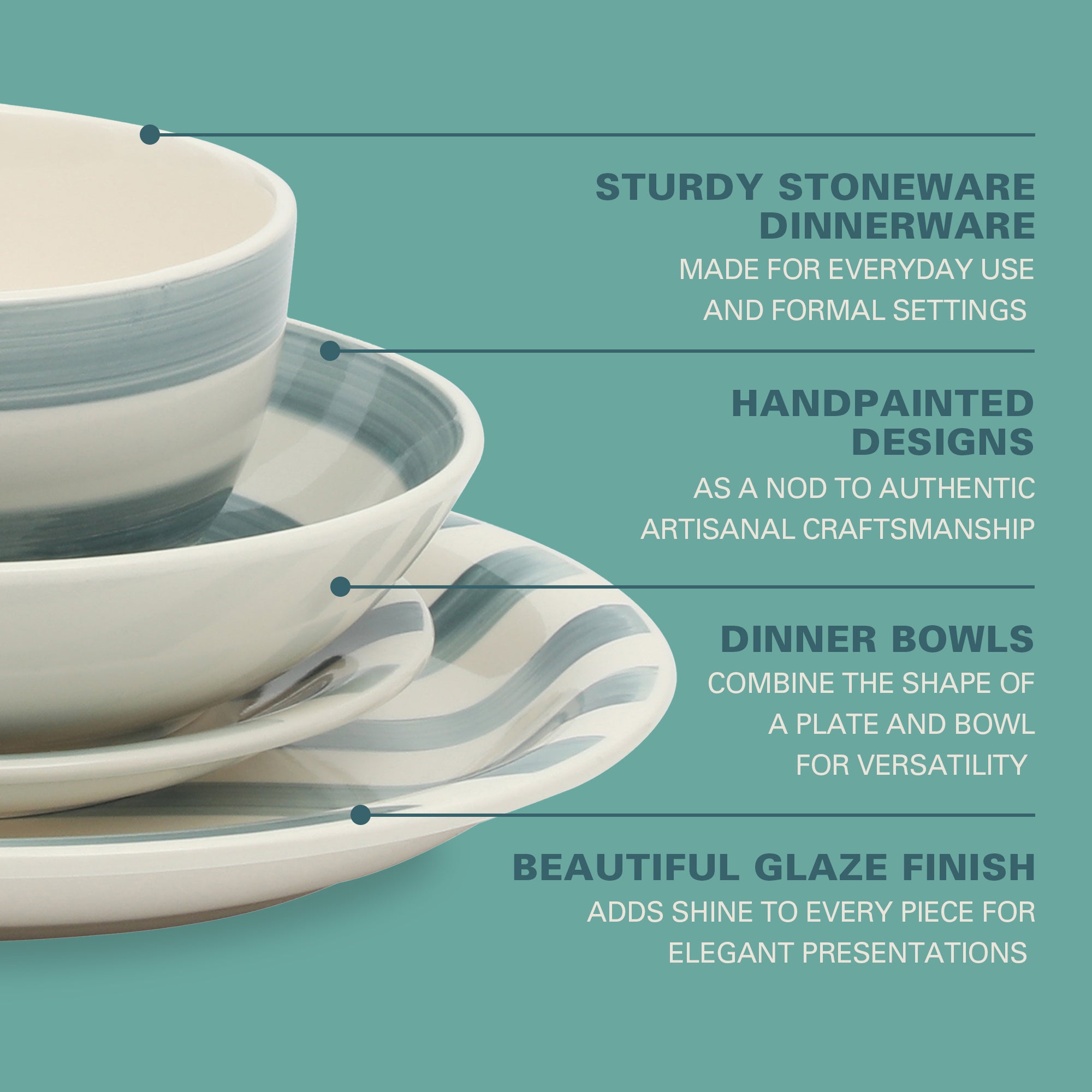 Gibson Home Kenwood Shores 16 Piece Dinnerware Set, Striped, Stoneware, Hand-Painted Plates and Bowls, Service for 4, Microwave & Dishwasher Safe - Image 14