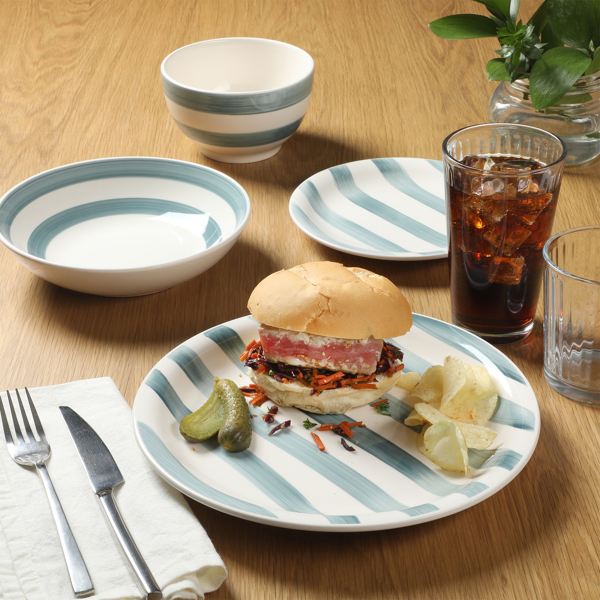 Gibson Home Kenwood Shores 16 Piece Dinnerware Set, Striped, Stoneware, Hand-Painted Plates and Bowls, Service for 4, Microwave & Dishwasher Safe - Image 15