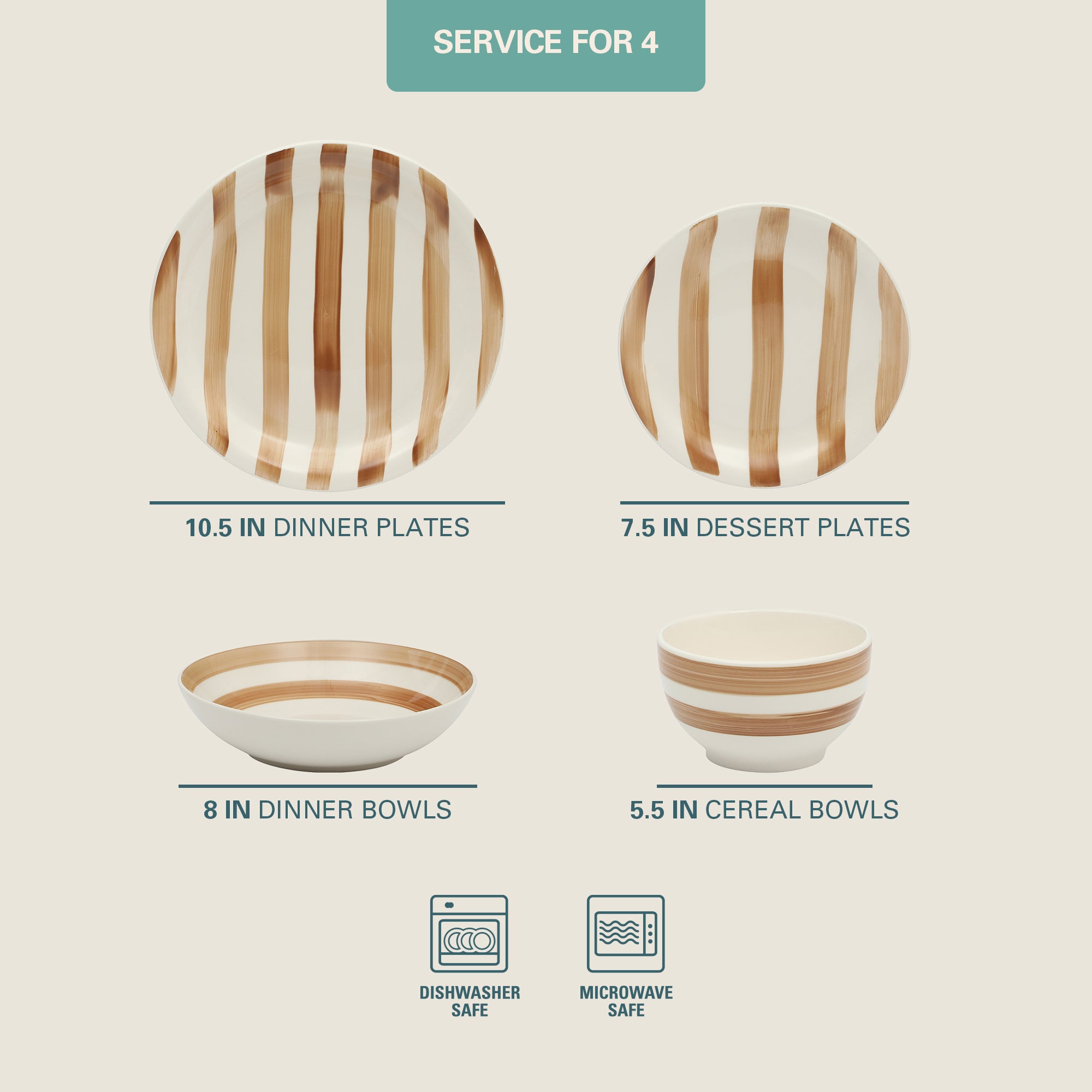 Gibson Home Kenwood Shores 16 Piece Dinnerware Set, Striped, Stoneware, Hand-Painted Plates and Bowls, Service for 4, Microwave & Dishwasher Safe - Image 2