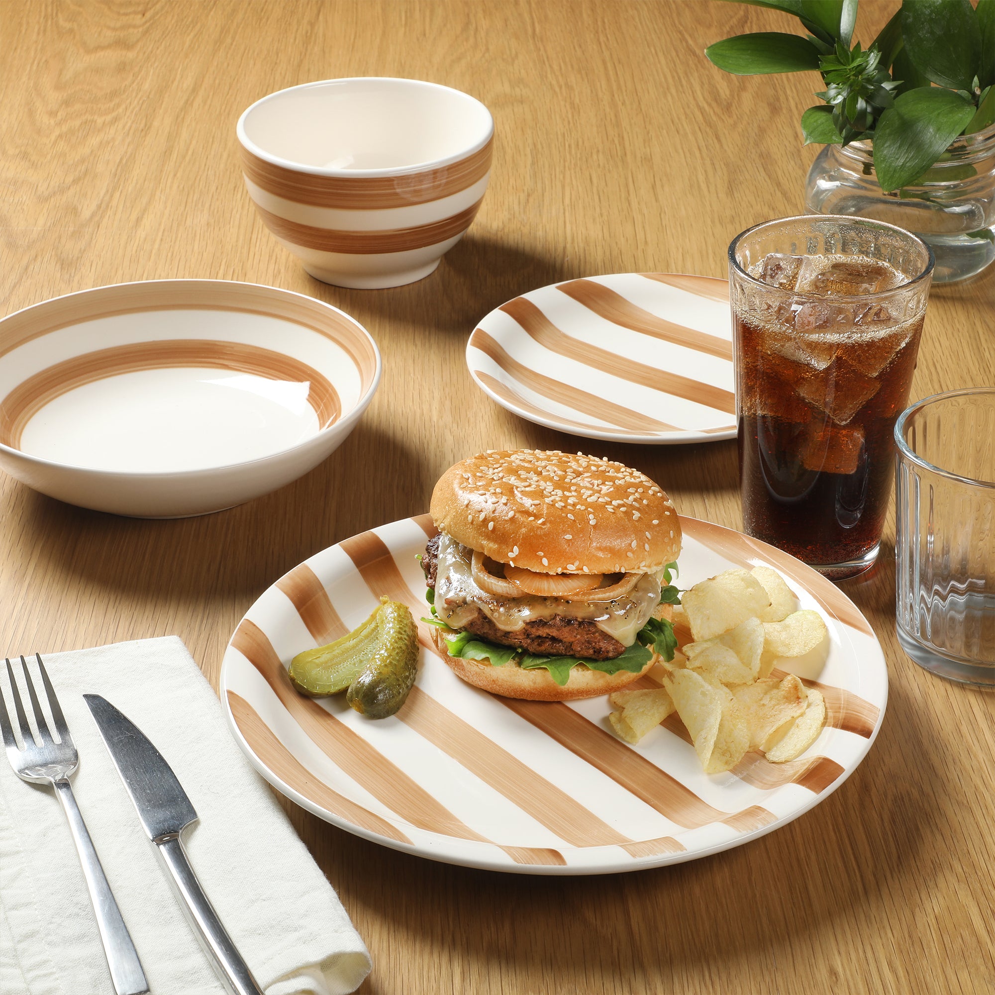 Gibson Home Kenwood Shores 16 Piece Dinnerware Set, Striped, Stoneware, Hand-Painted Plates and Bowls, Service for 4, Microwave & Dishwasher Safe - Image 4
