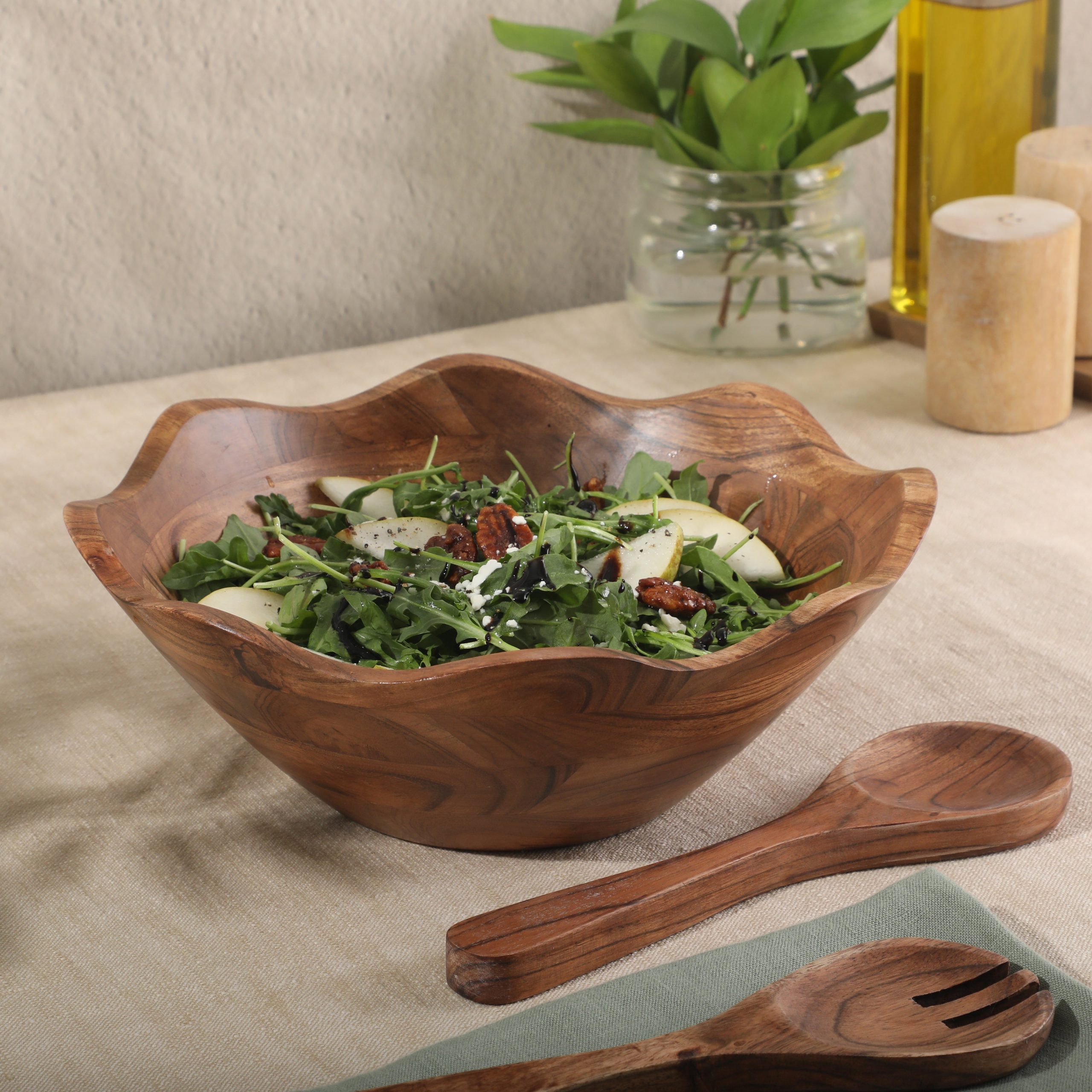 Gibson Home Sandhurst 3-Piece Acacia Wood Salad Bowl Set – 12-Inch Scalloped Serving Bowl with Wooden Salad Servers – Natural Rustic Finish for Dining, Entertaining, or Gifting - Image 2
