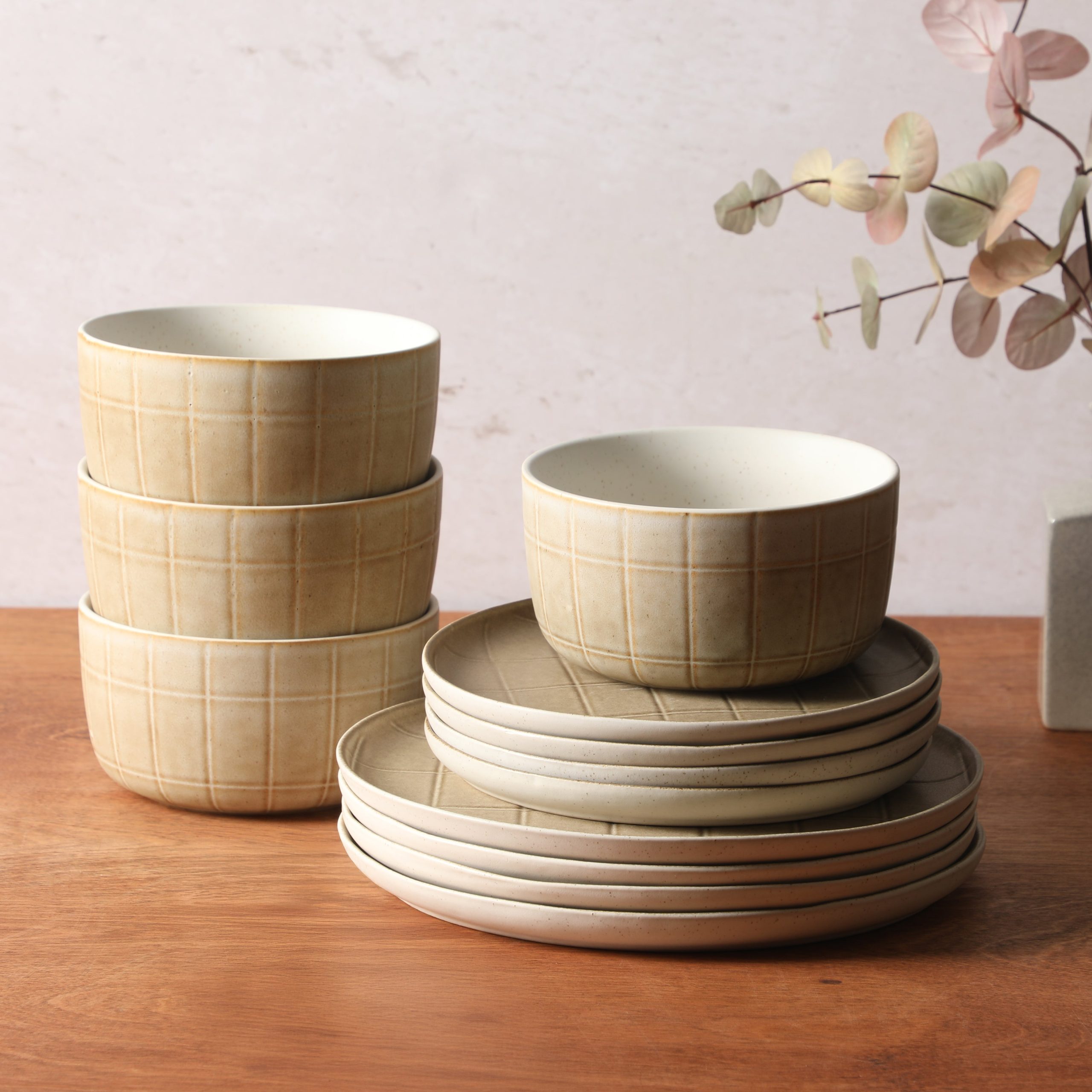 Gisbon Elite Butterwick 12 Piece Plates and Bowls Stoneware Dinnerware Set - Reactive Glaze Patterned Dishes - Microwave and Dishwasher Safe - Image 5