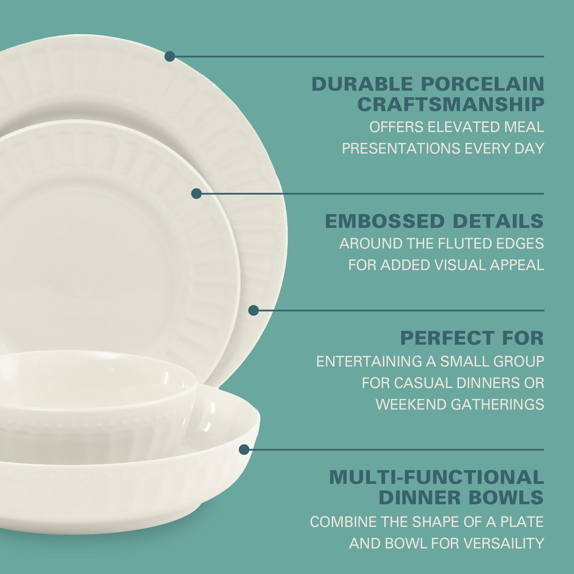 Gibson Home Melbourne White Plates and Bowls Set, 16 Piece Embossed Ceramic Dinnerware Set - Service for 4 Dishes - With Pasta Bowl - Image 3