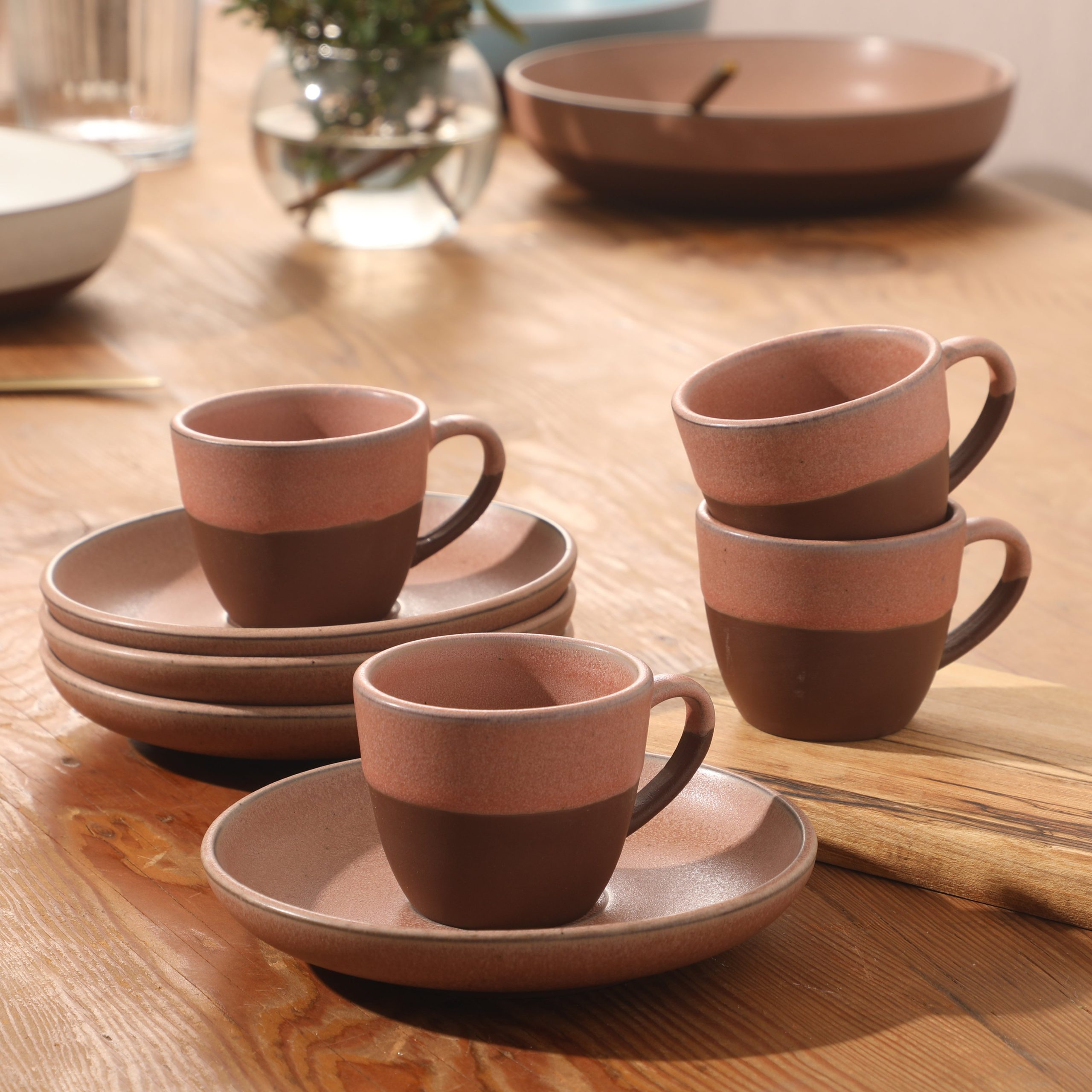 Gibson Elite William Crest 8 Piece Cup & Saucer Set, 4 Stoneware Cups & 4 Saucers, Reactive Glaze Finish, 3.5oz Espresso Cups, 5.5” Saucers, Round Coffee Set, Microwave & Dishwasher Safe - Image 6