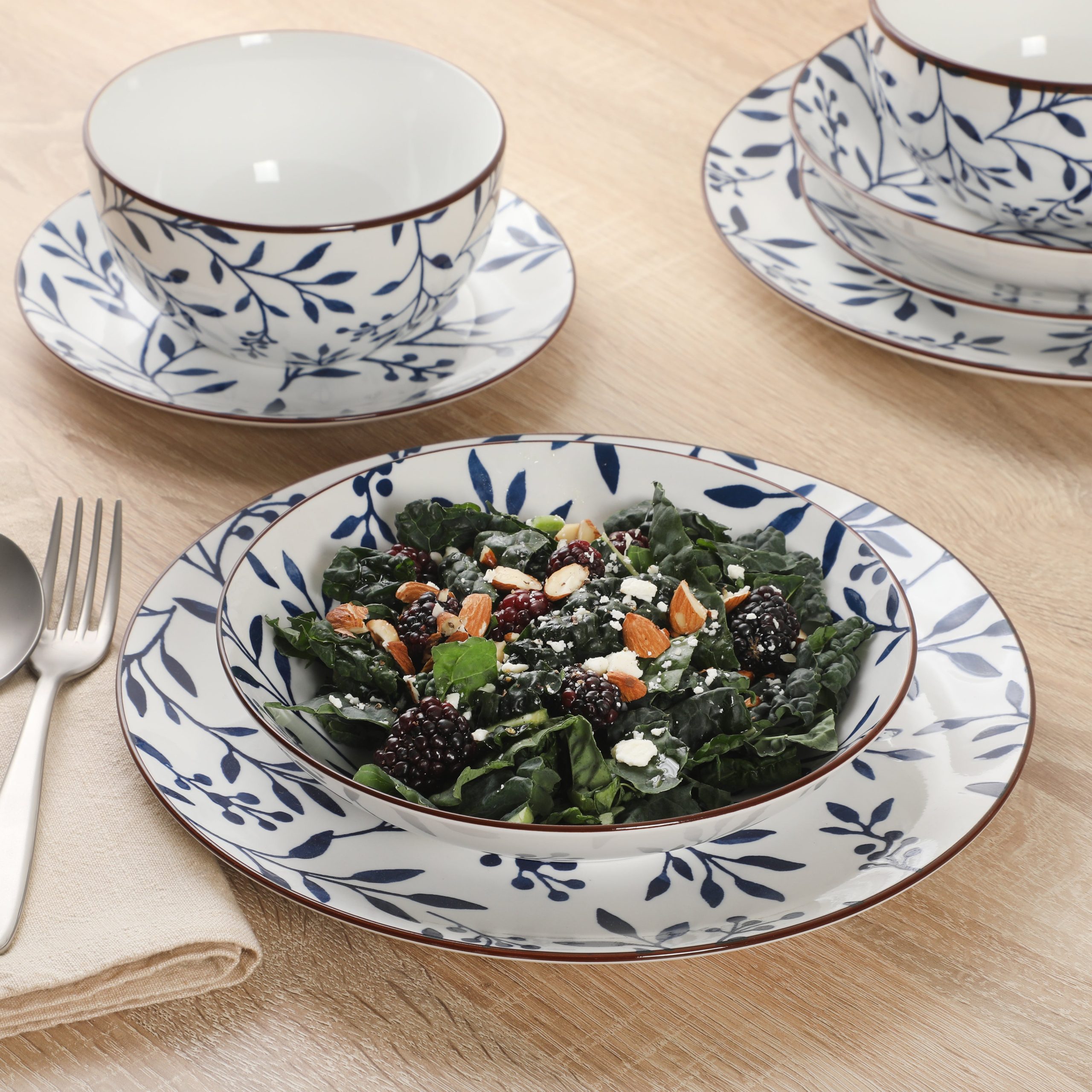 Gibson Home Palace Suite 16-Piece Dinnerware Set, Blue Floral Stoneware Plates & Bowls, Service for 4, Round Durable Everyday Dish Set - Image 2