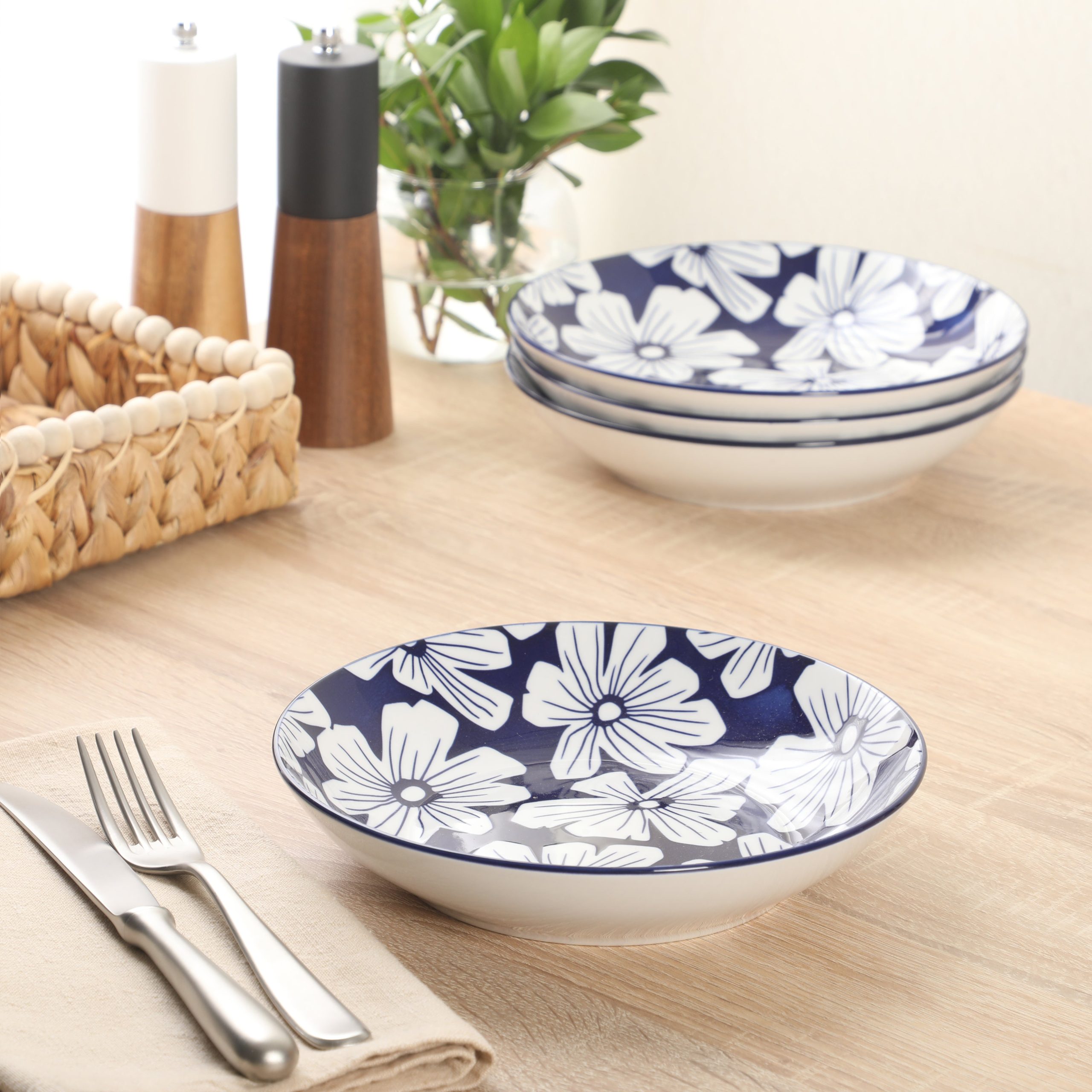 Gibson Home Heritage Sky 4-Piece Pasta Bowl Set, 8 Inch Round Stoneware Bowls, Blue & White Floral Design, Decorative Everyday Use - Image 4