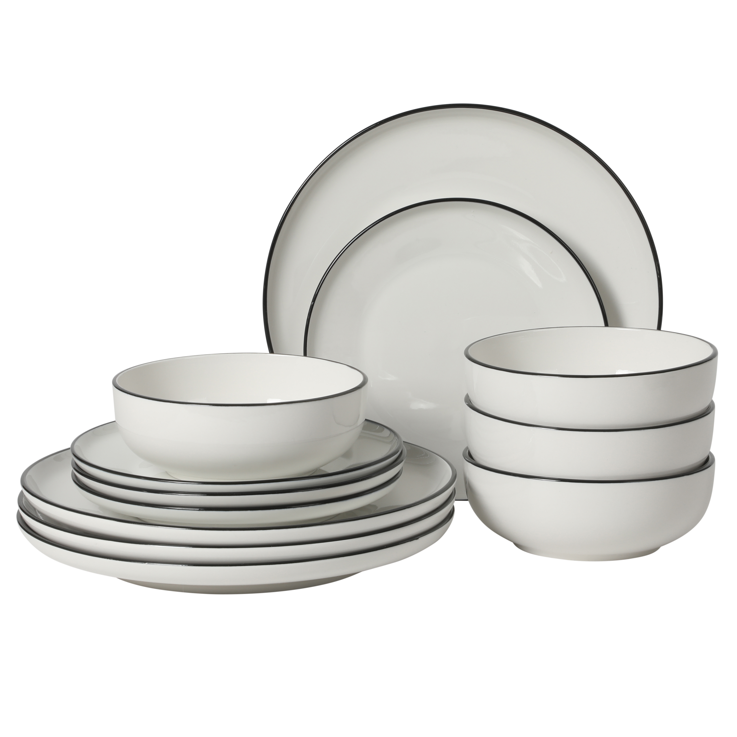 Gibson Home Havenstone 12-Piece Porcelain Dinnerware Set – Dinner Plates, Salad Plates & Bowls, Classic White With Black Rim Everyday Dish Set for Home, Kitchen, Microwave & Dishwasher Safe