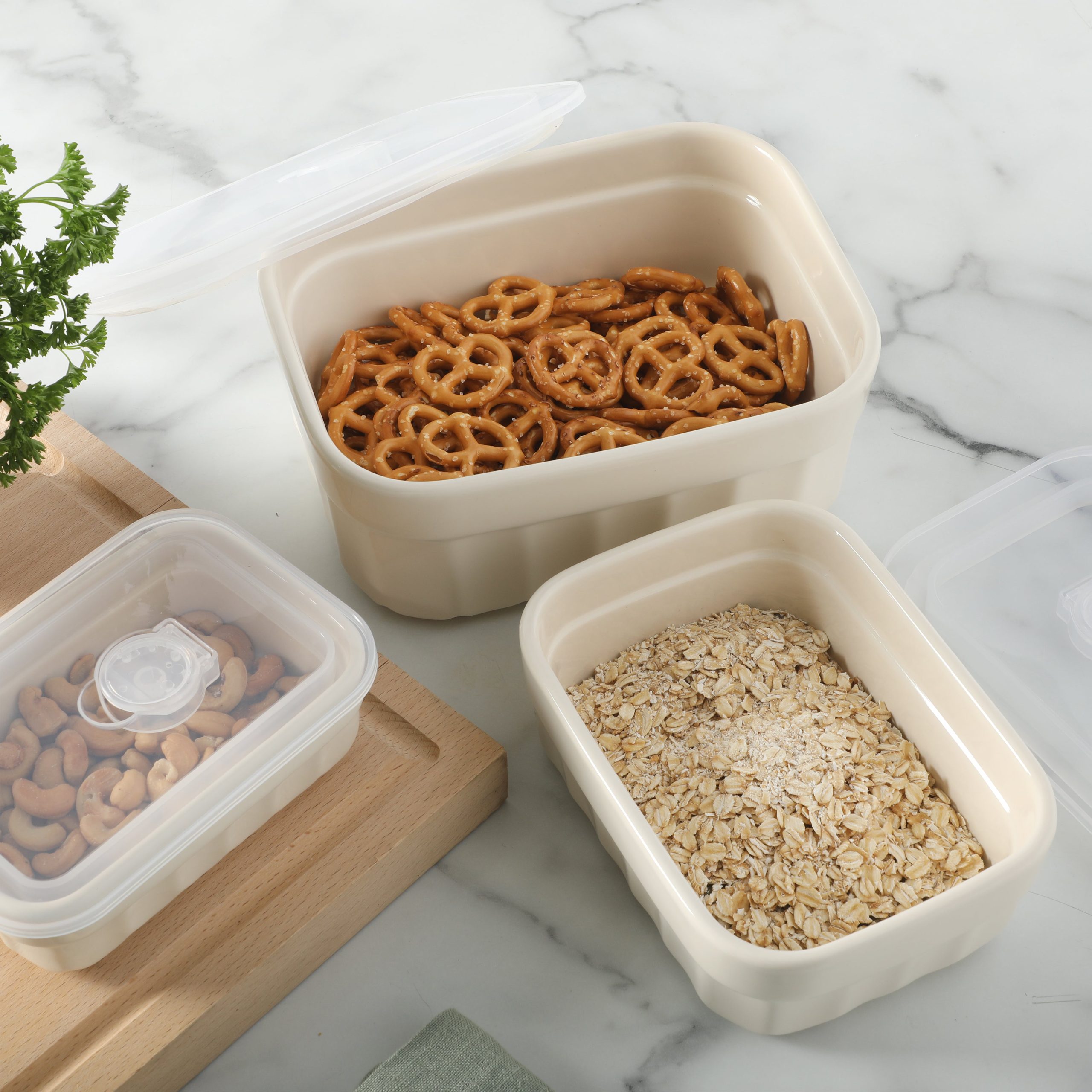 Martha Stewart Broadbrook 6 Piece Stoneware Meal Prep Container Set with Lids, Rectangular/Round Food Storage & Bakeware, Cream, Oven, Microwave & Dishwasher Safe - Image 3