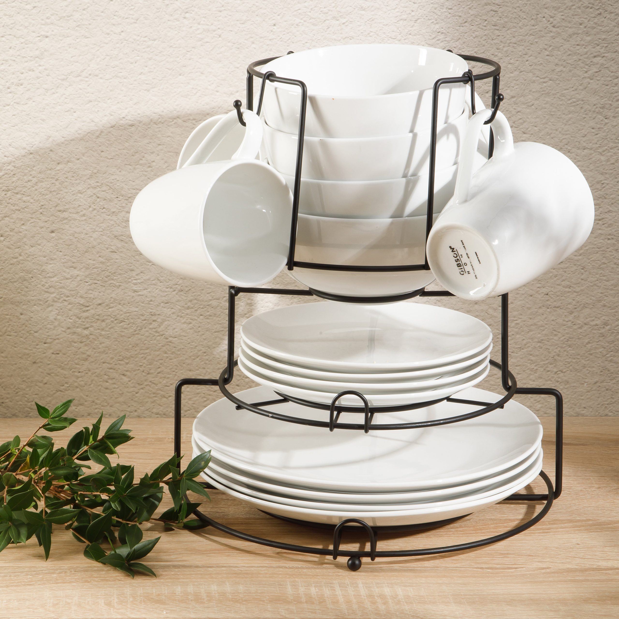 Gibson Home 17-Piece Porcelain Plates and Bowls Set W/Metal Rack - Plates, Bowls & Mugs Dinnerware Set for 4 - White - Image 2
