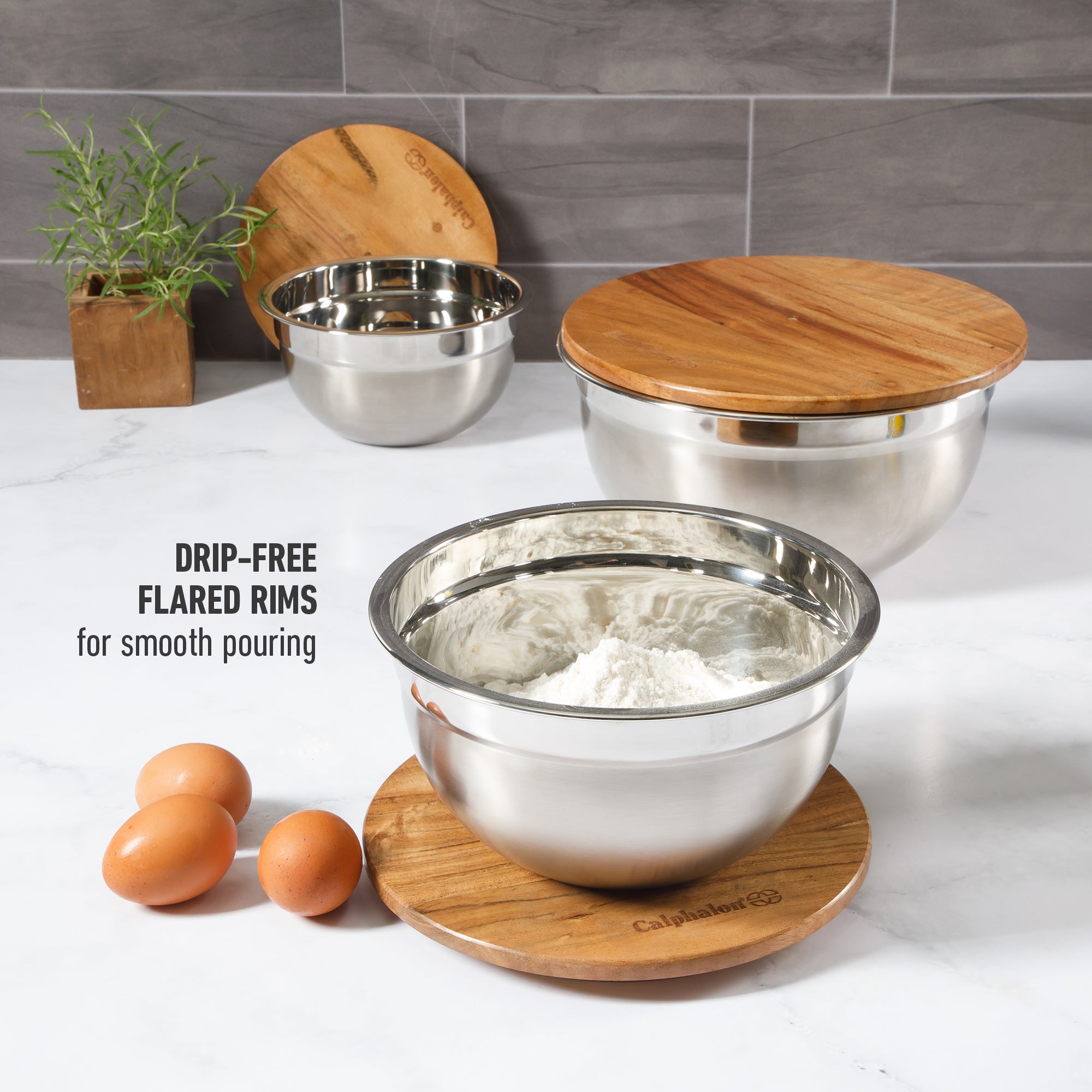 Calphalon Orbit 3 Piece Mixing Bowl Set W/ Acacia Wood Lids - Image 7