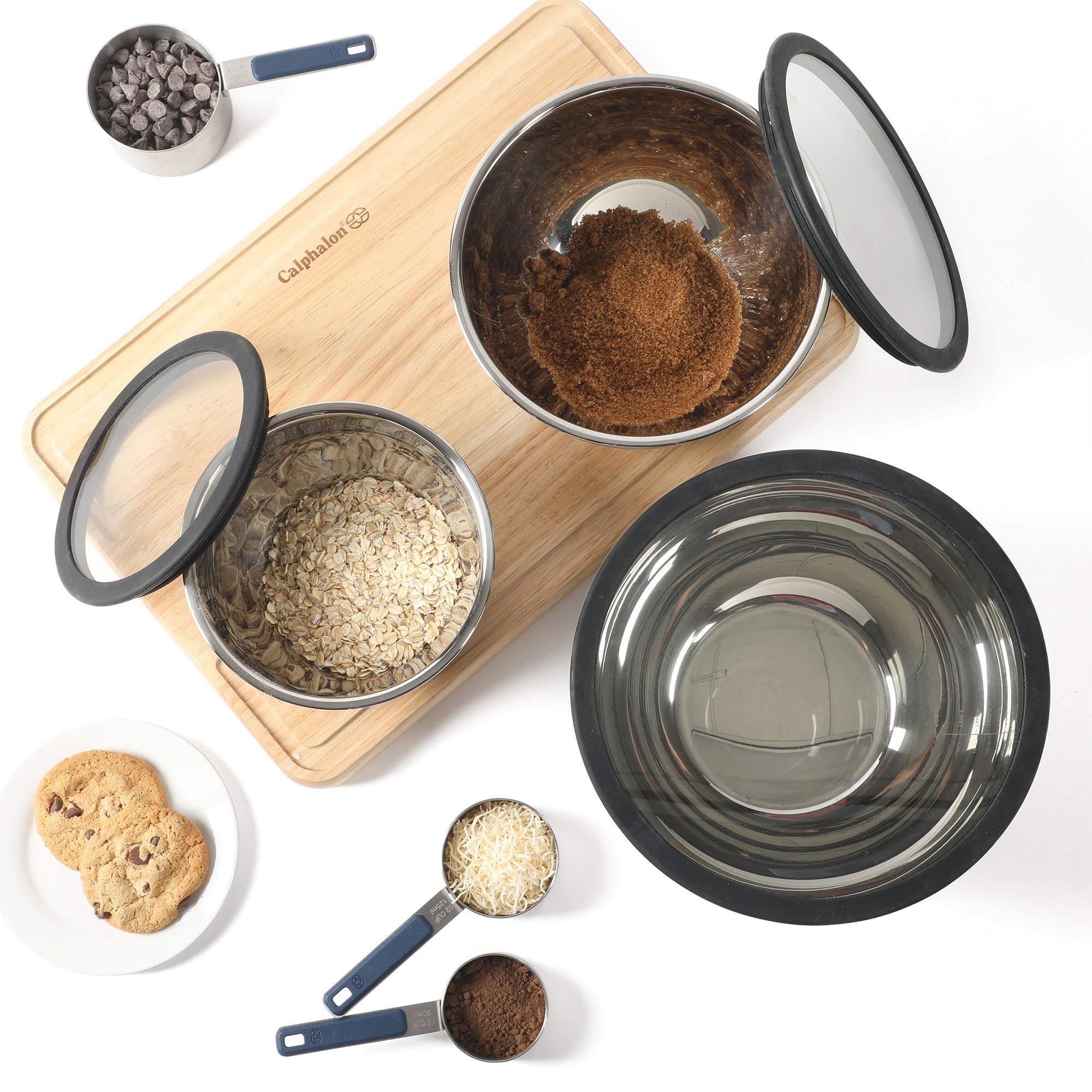 Calphalon Orbit 3 Piece Mixing Bowl Set W/ Glass Lids and Silicone Nonslip Base - Image 2