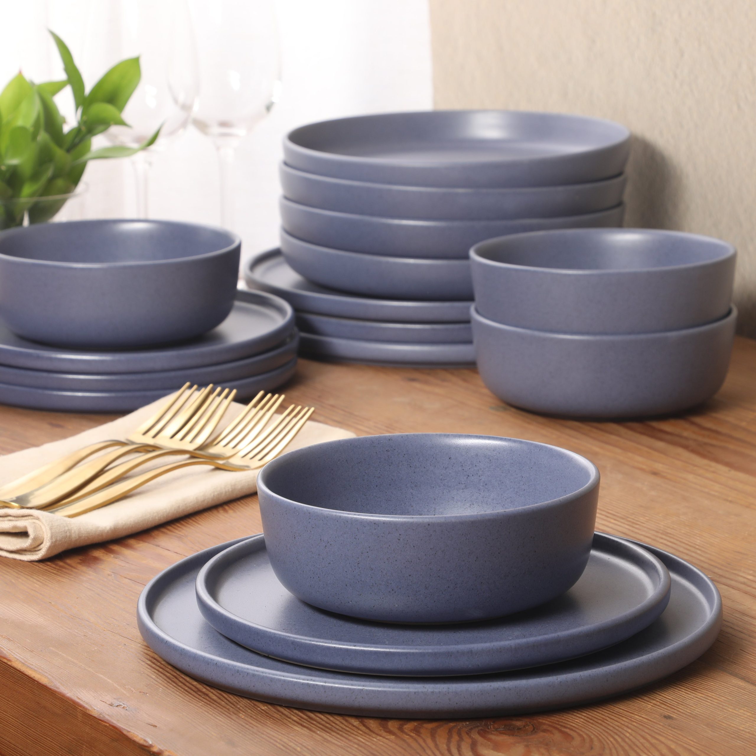 Gibson Elite Bayou Moon Plates and Bowls Sets, 16-Piece Matte Stoneware Dinnerware Sets, Solid Color Reactive Glaze Dish Set, Service for 4 - Image 2