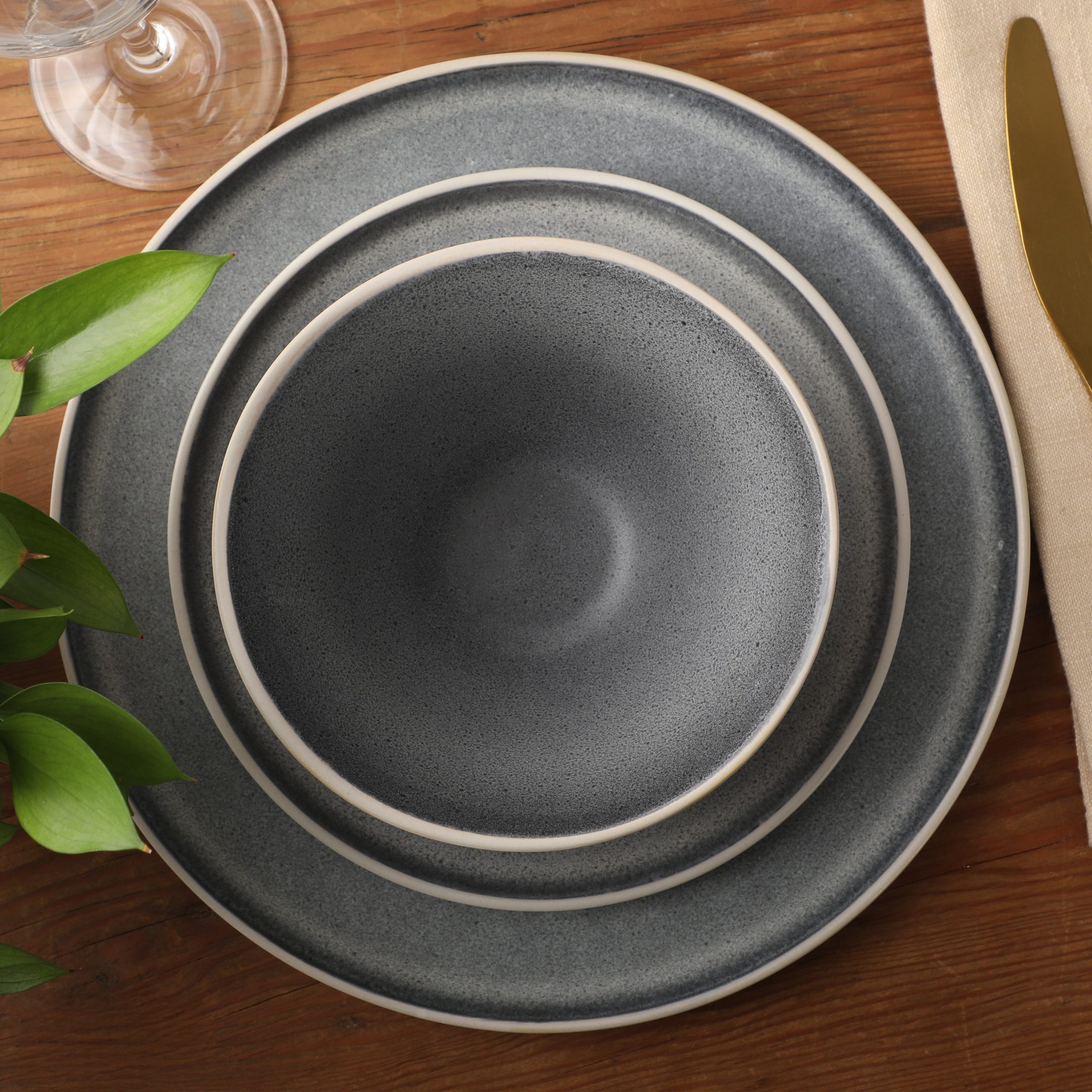 Gibson Elite Coastal Forest Plates and Bowls Sets, 12-Piece Stoneware Dinnerware Sets, Triple Reactive Glaze Dish Set - Grey and Cream White - Image 5