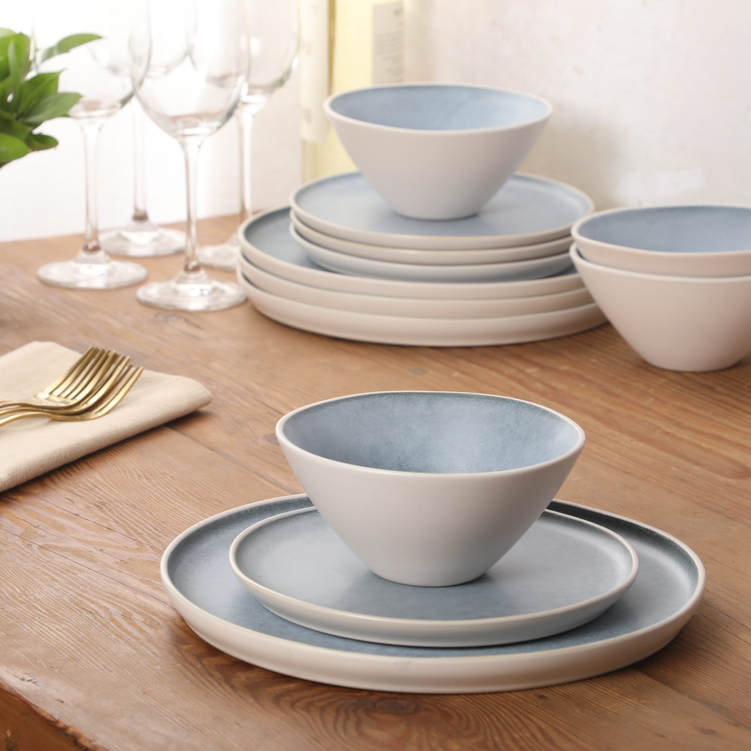 Gibson Elite Coastal Forest Plates and Bowls Sets, 12-Piece Stoneware Dinnerware Sets, Triple Reactive Glaze Dish Set - Grey and Cream White - Image 15