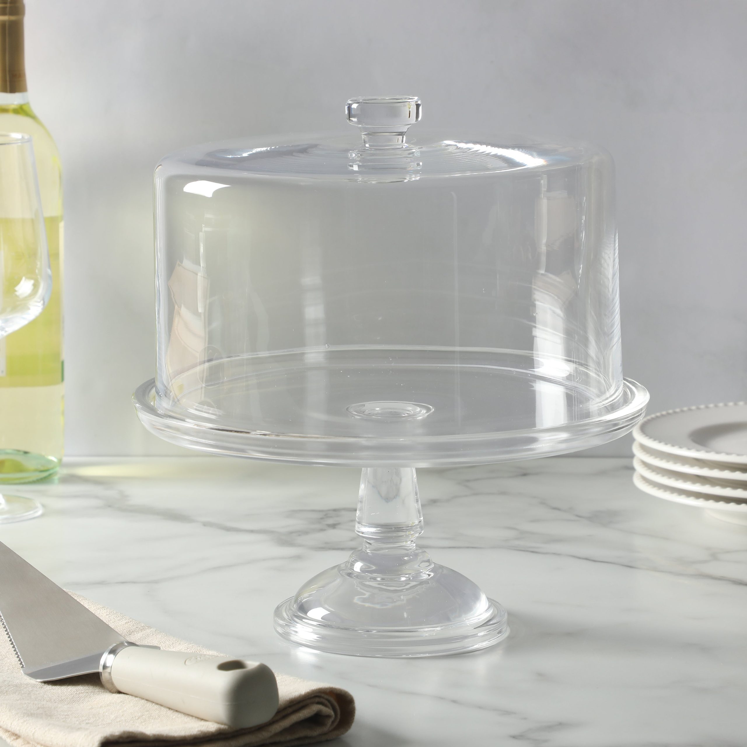 Martha Stewart Watercrest Glass Cake Stand with Dome, 10.2 Inch Clear Footed Pedestal Cake Stand with Glass Lid Cover, Handmade Glassware - Image 7