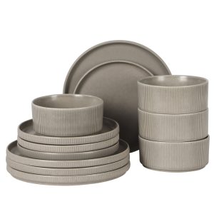 Gibson Elite Avant-Garde 12 Piece Stoneware Dinnerware Set for 4, Plates and Bowls Set with Reactive Glaze, Dinner Plates, Salad Plates, Bowls